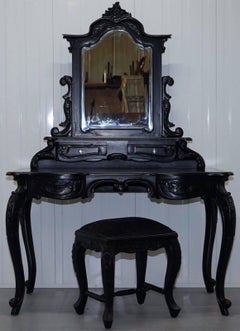 Nice Vintage French Louis Style Black Dressing Table and Stool Crystal Handles
