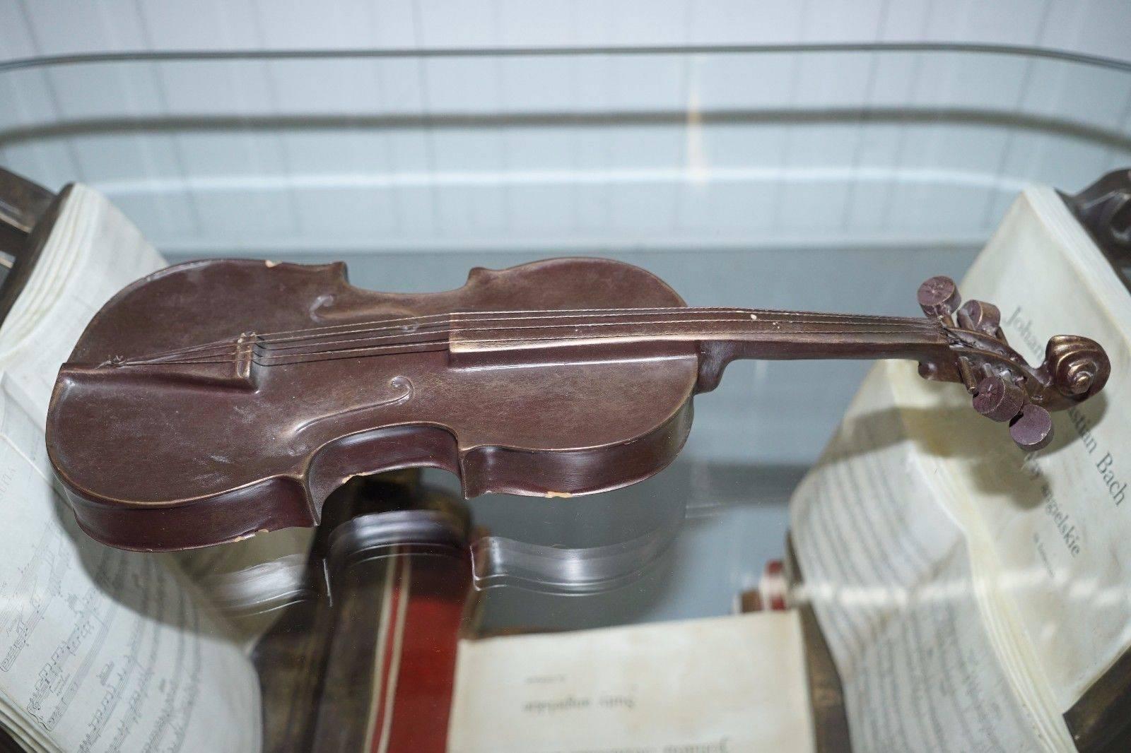 Hand-Carved Rare Johann Sebastian Bach Music Coffee Table with Strung Violin on Books
