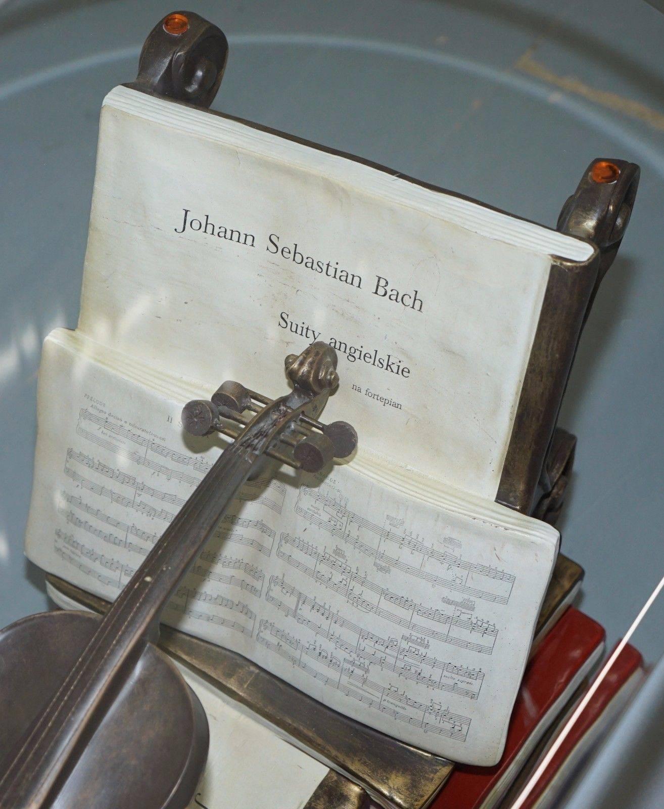 Modern Rare Johann Sebastian Bach Music Coffee Table with Strung Violin on Books