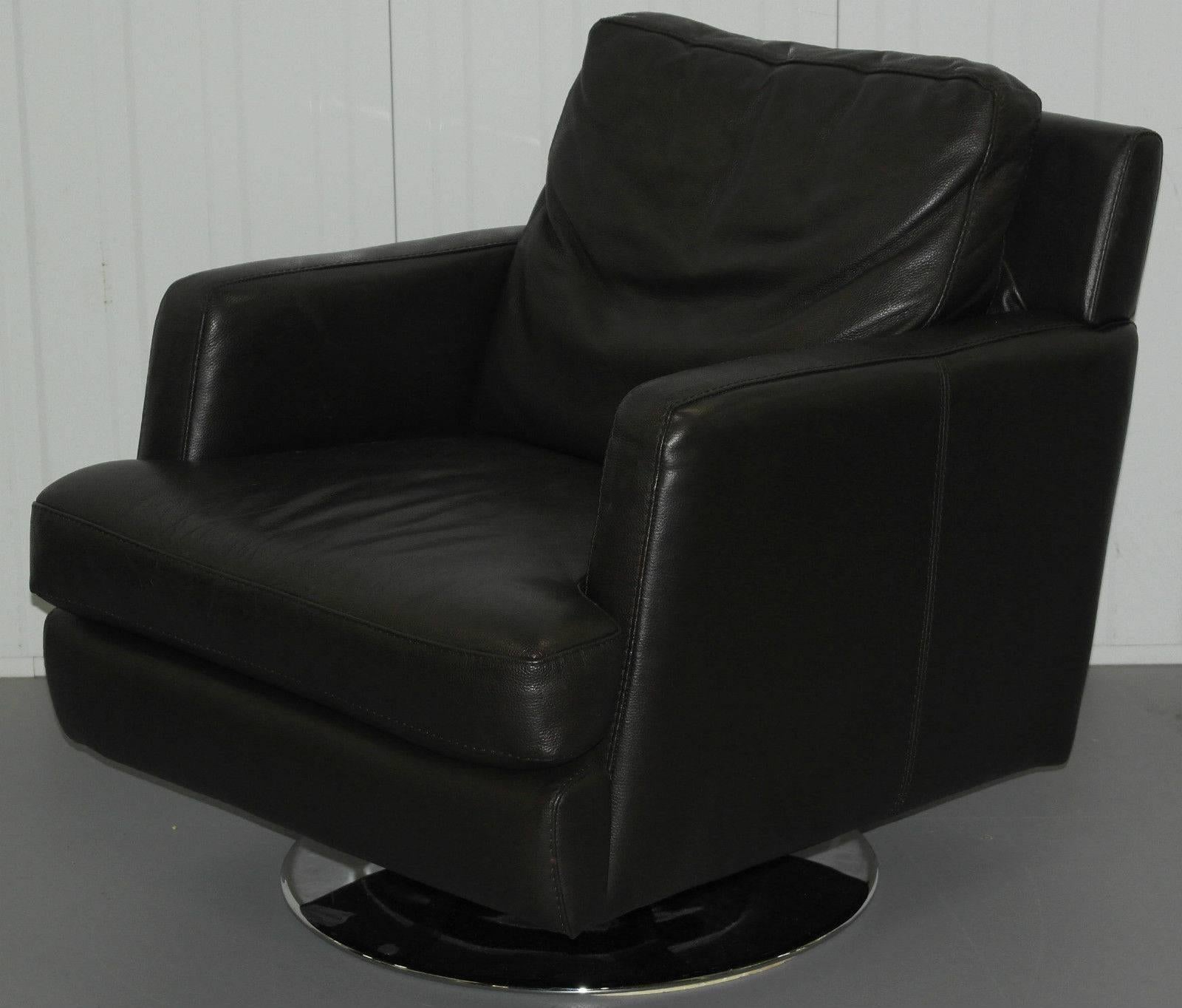 Mid-Century Modern Lovely Premium Leather Chrome Base Feather Filled Cushion Danish Swivel Armchair