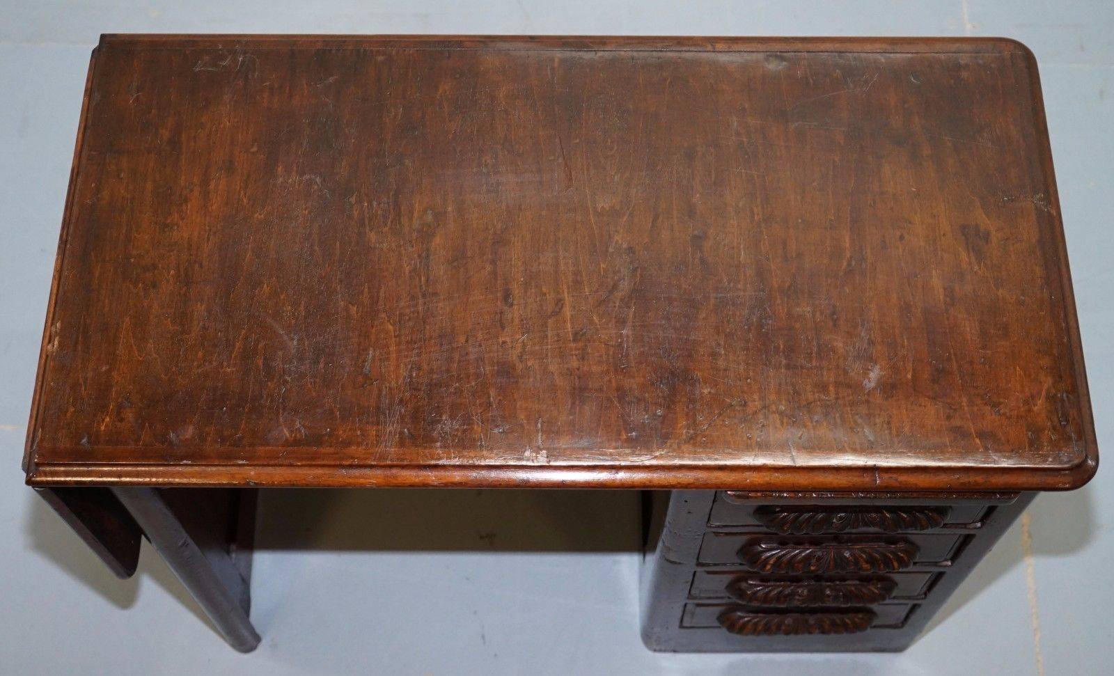 Hand-Carved Rare Edwardian Solid Oak Children's Desk with Extending Flap and PC Mouse Board