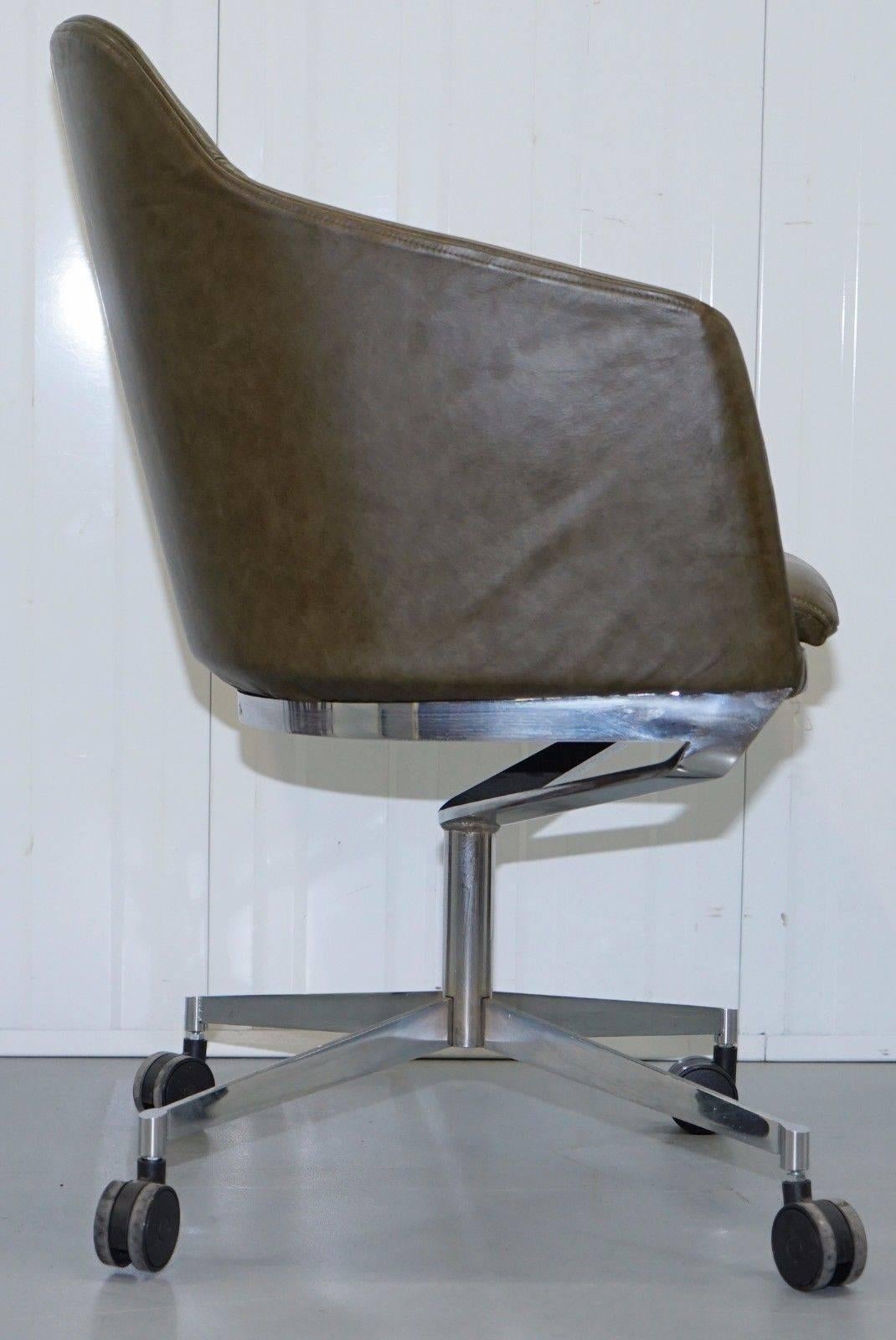1 of 2 Retro Aged Green Heritage Leather Office Captains Chairs Chrome 3