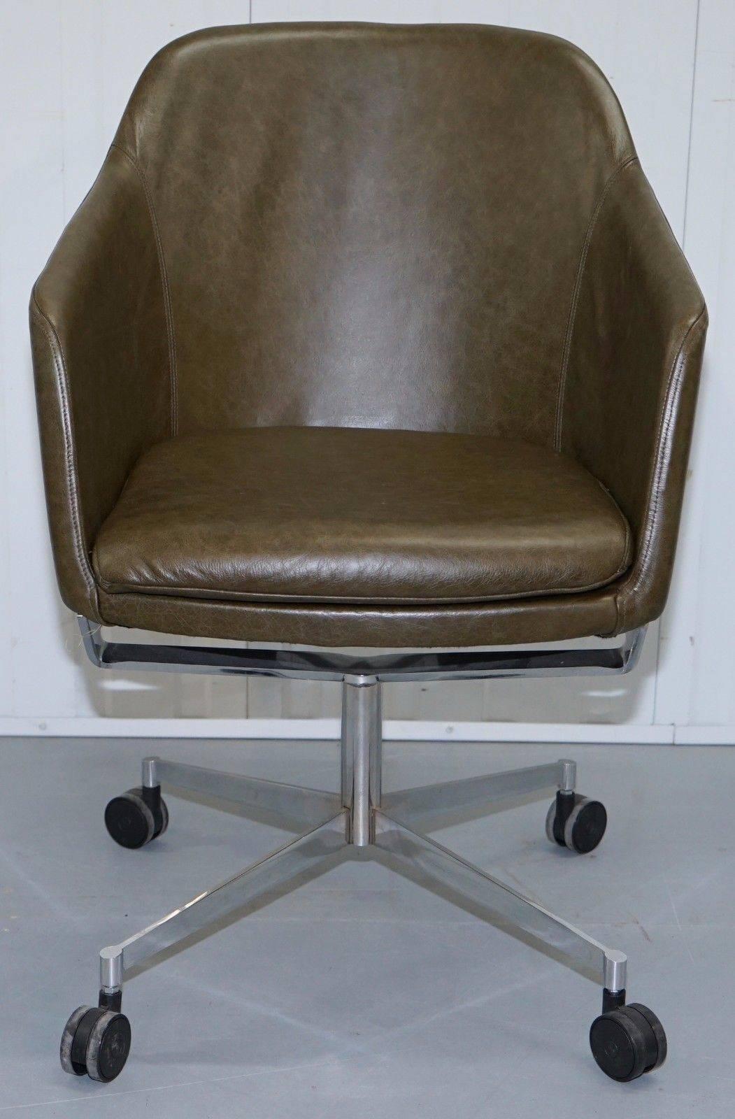 Modern 1 of 2 Retro Aged Green Heritage Leather Office Captains Chairs Chrome
