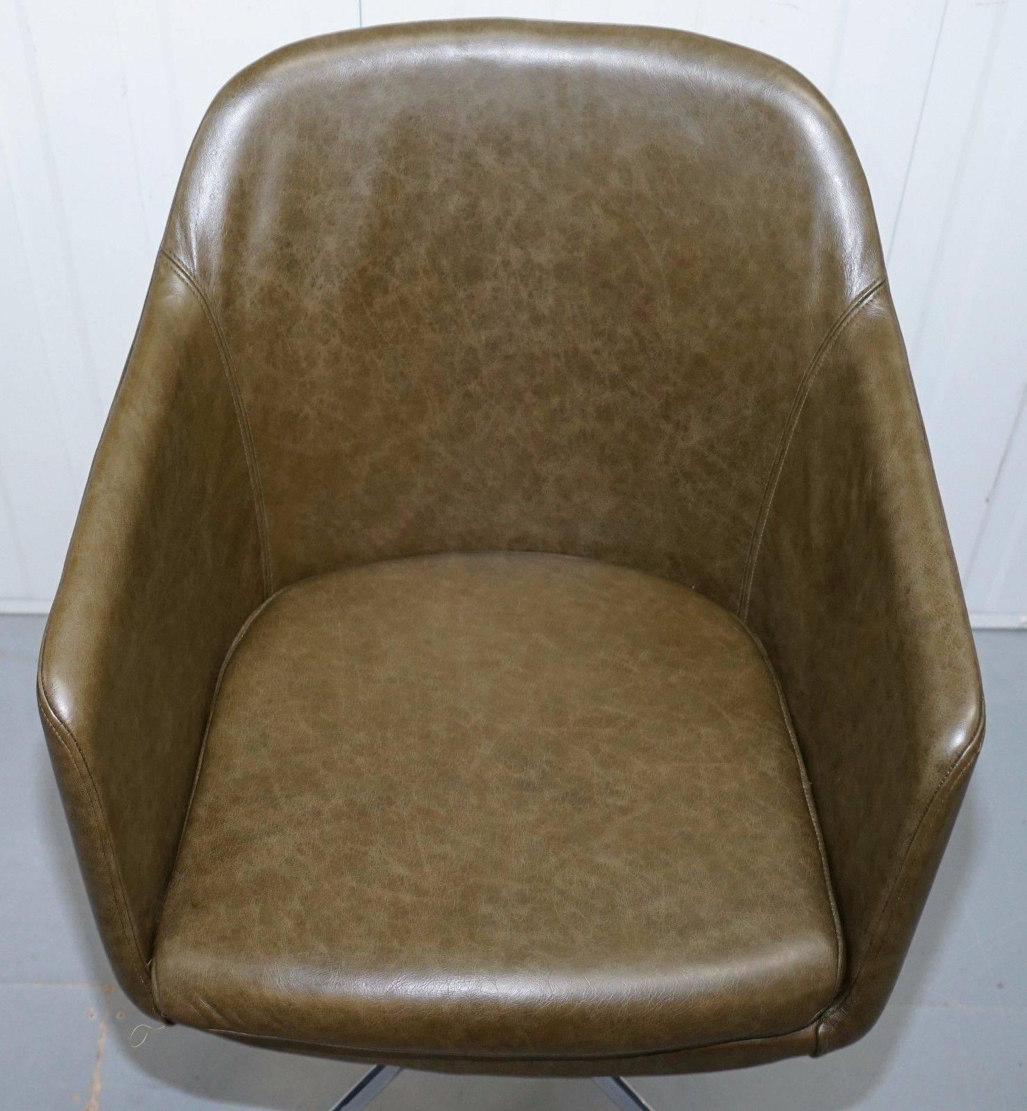 Hand-Crafted 1 of 2 Retro Aged Green Heritage Leather Office Captains Chairs Chrome