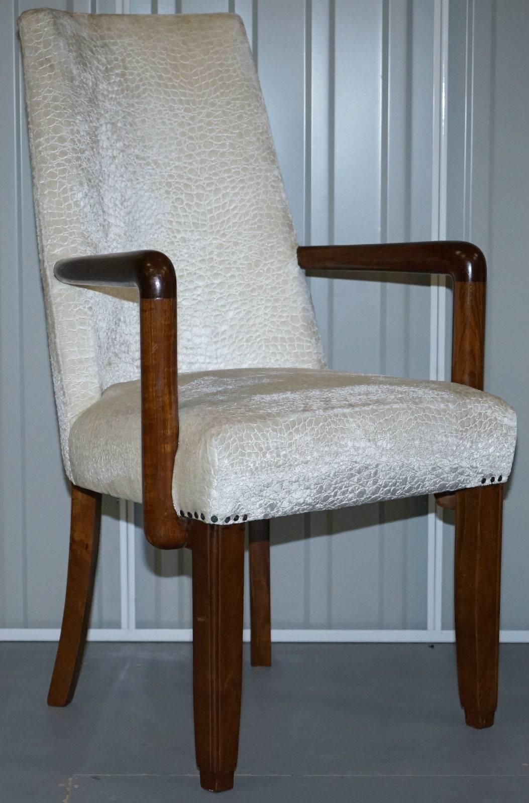 We are delighted to offer for sale this absolutely stunning pair of original 1960s Mid-Century Modern Danish wood open occasional armchairs

Recently upholstered in silk velvet white alligator patina fabric, the wood has been waxed polished and