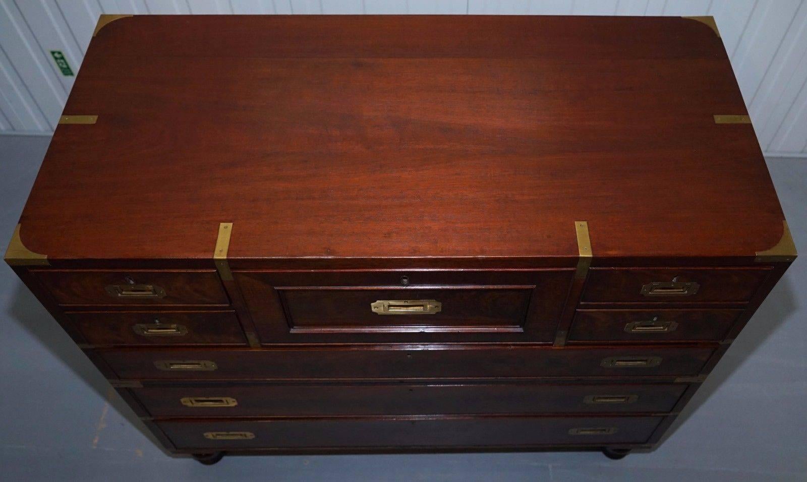 Late Victorian Rare Mahogany 1890 Military Campaign Chest of Drawers Drop Front Desk Secretaire