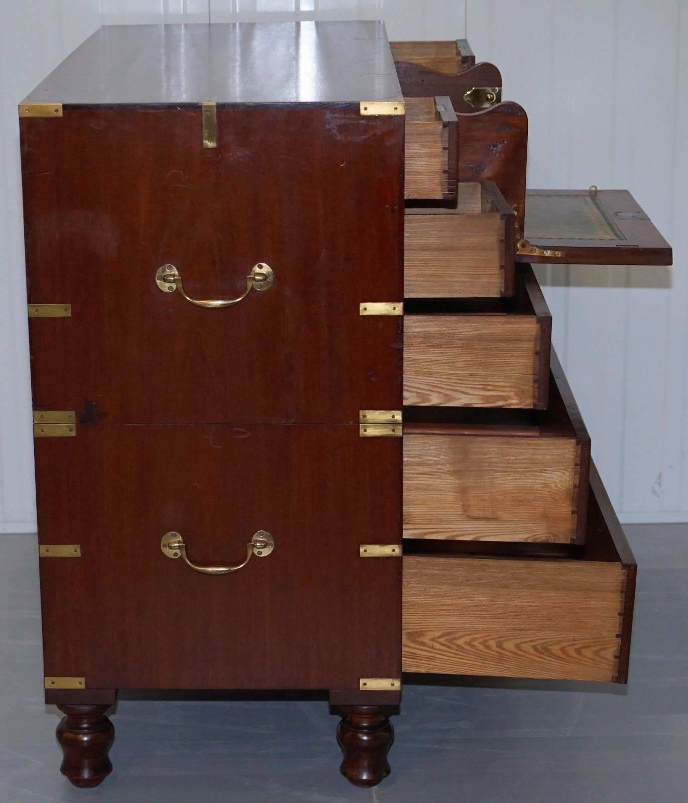 Rare Mahogany 1890 Military Campaign Chest of Drawers Drop Front Desk Secretaire 1