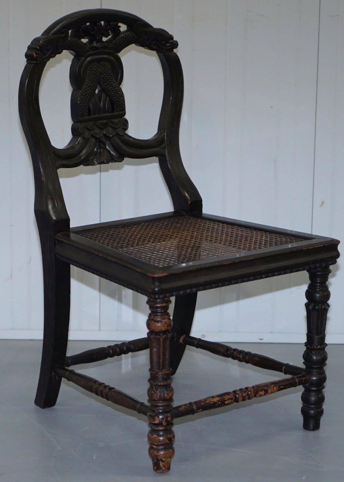 Set of Four 19th Century Ebonized and Carved Wood Chinese Dragon Dining Chairs 3