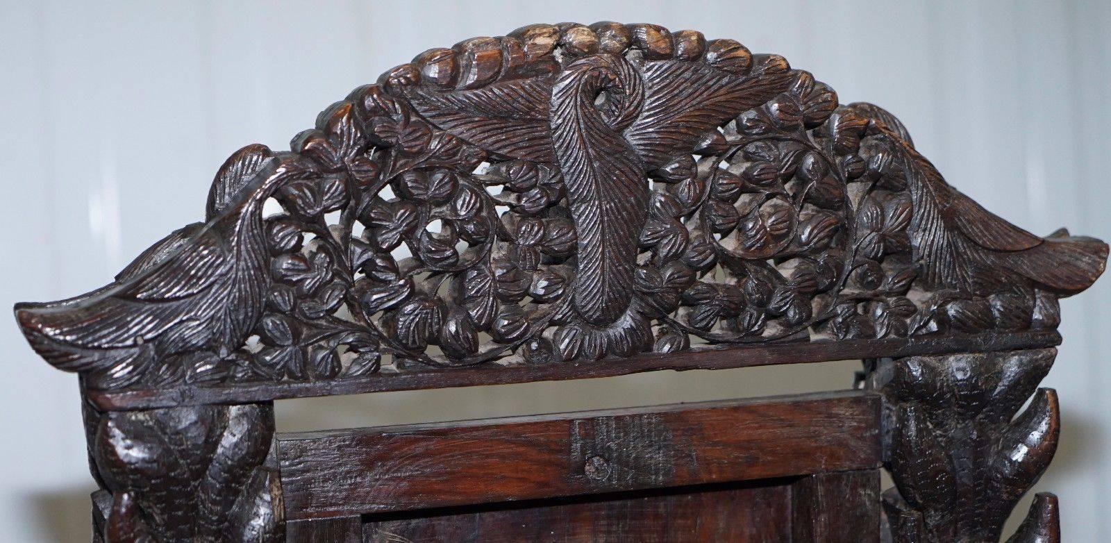 Rare Pair of Anglo-Indian Elephant Chairs, Highly Carved with Birds Flowers 4