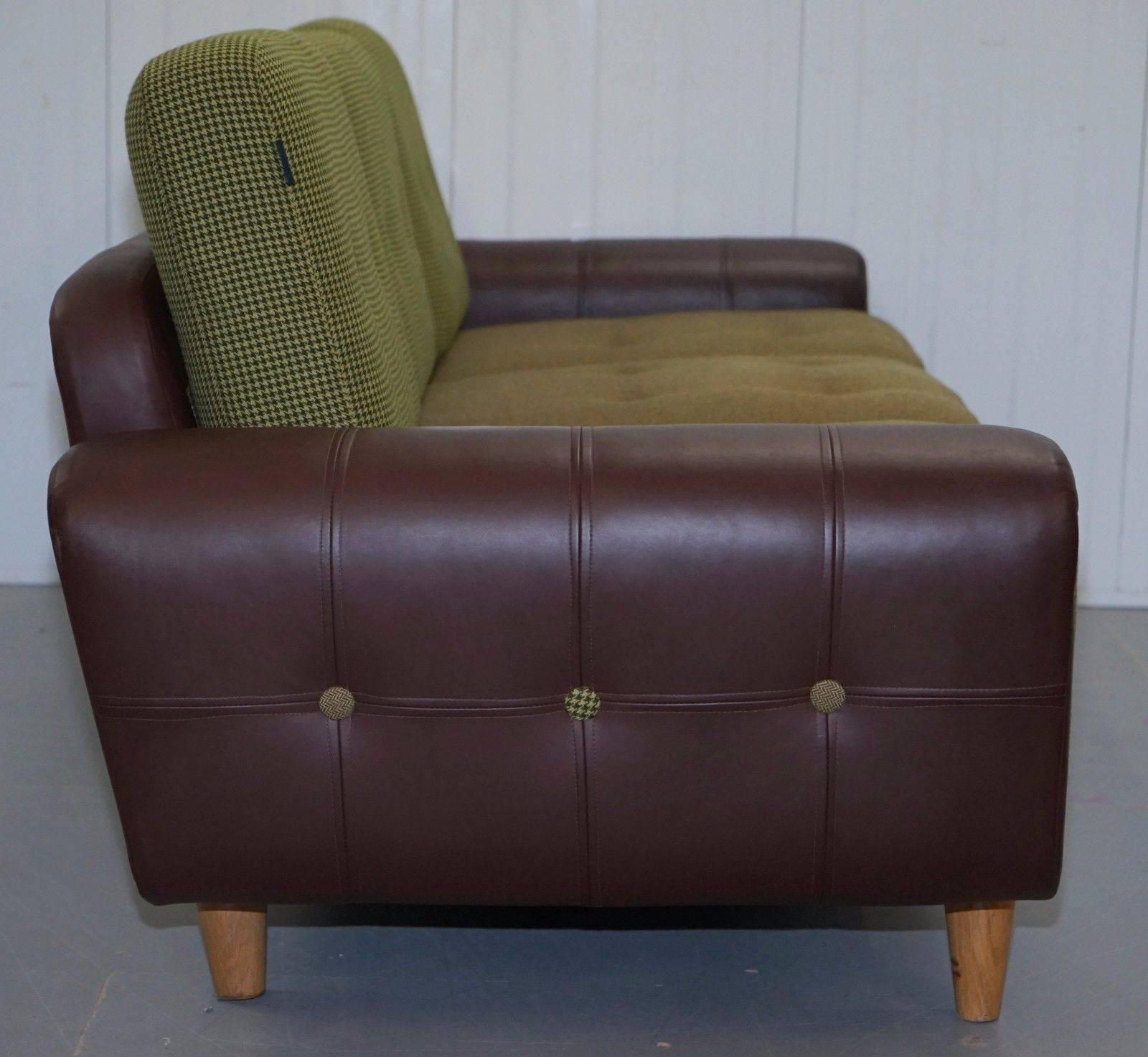 Deadgood Harvey Three-Seat Brown Leather and Tweed Wool Sofa Rare Find 3