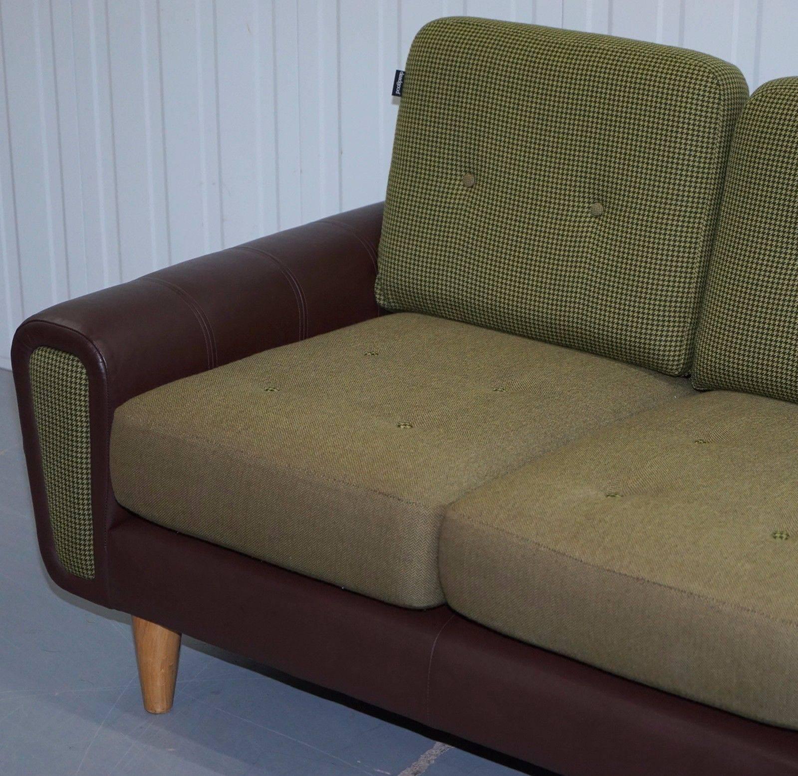 British Deadgood Harvey Three-Seat Brown Leather and Tweed Wool Sofa Rare Find