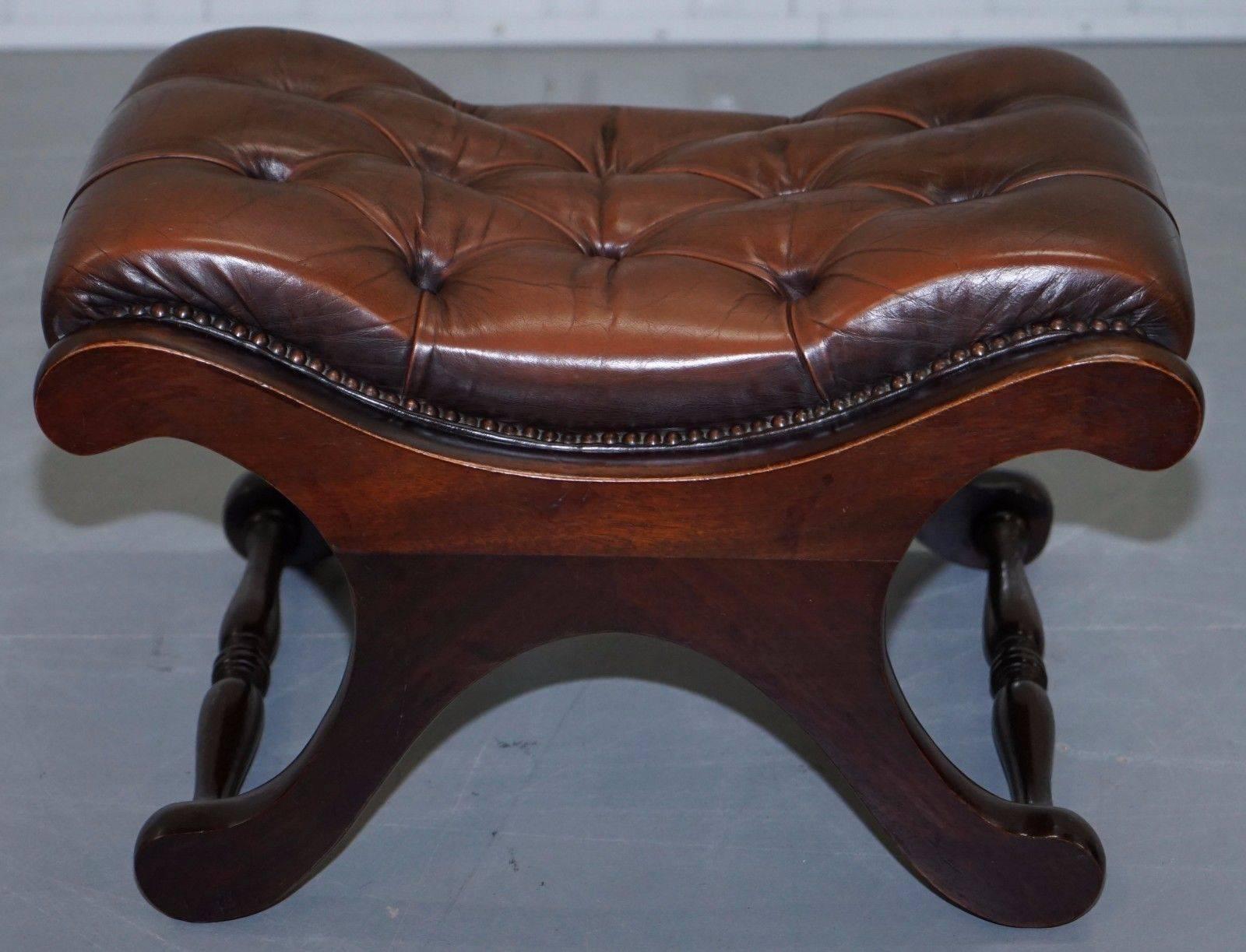 Pair of 1960s Aged Brown Leather Chesterfield Wingback Armchairs and Footstool 2