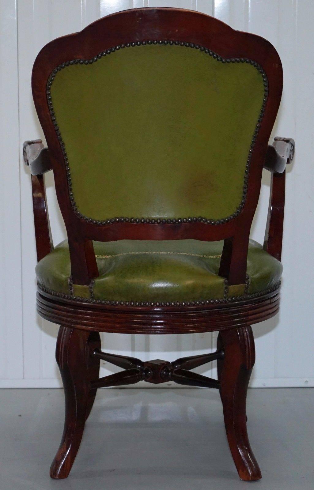 Hand-Carved Vintage Green Leather with Gold Tooling Mahogany Captains Swivel Office Chair
