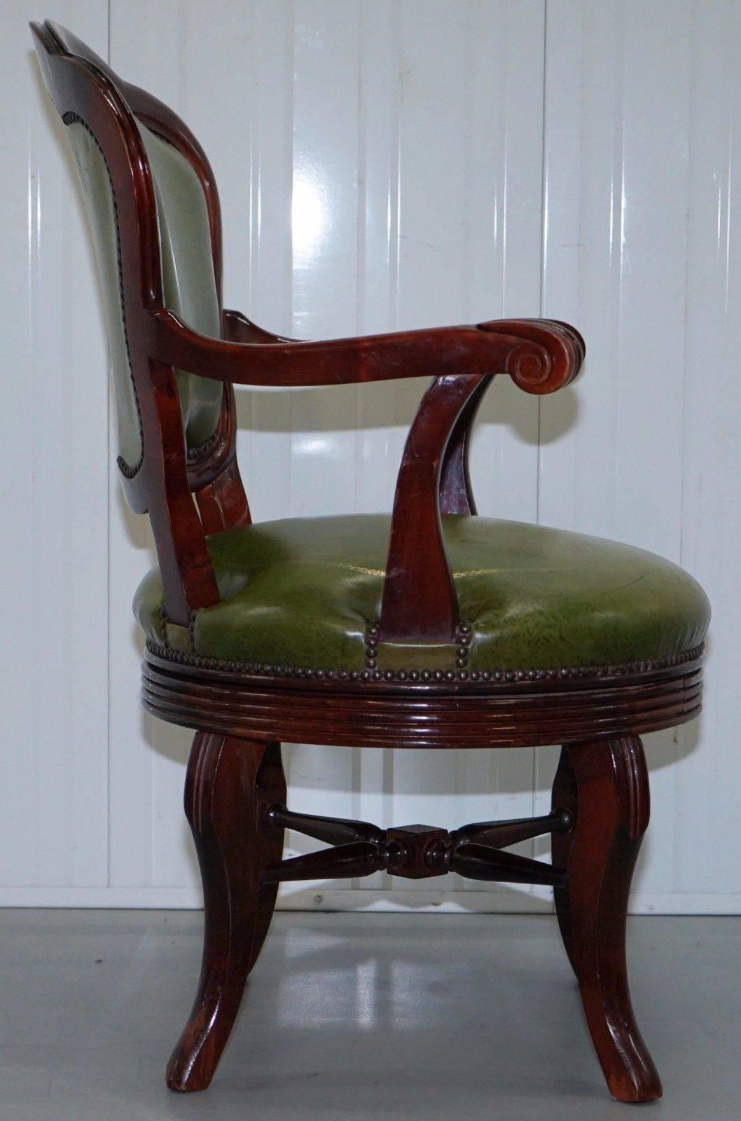 British Vintage Green Leather with Gold Tooling Mahogany Captains Swivel Office Chair