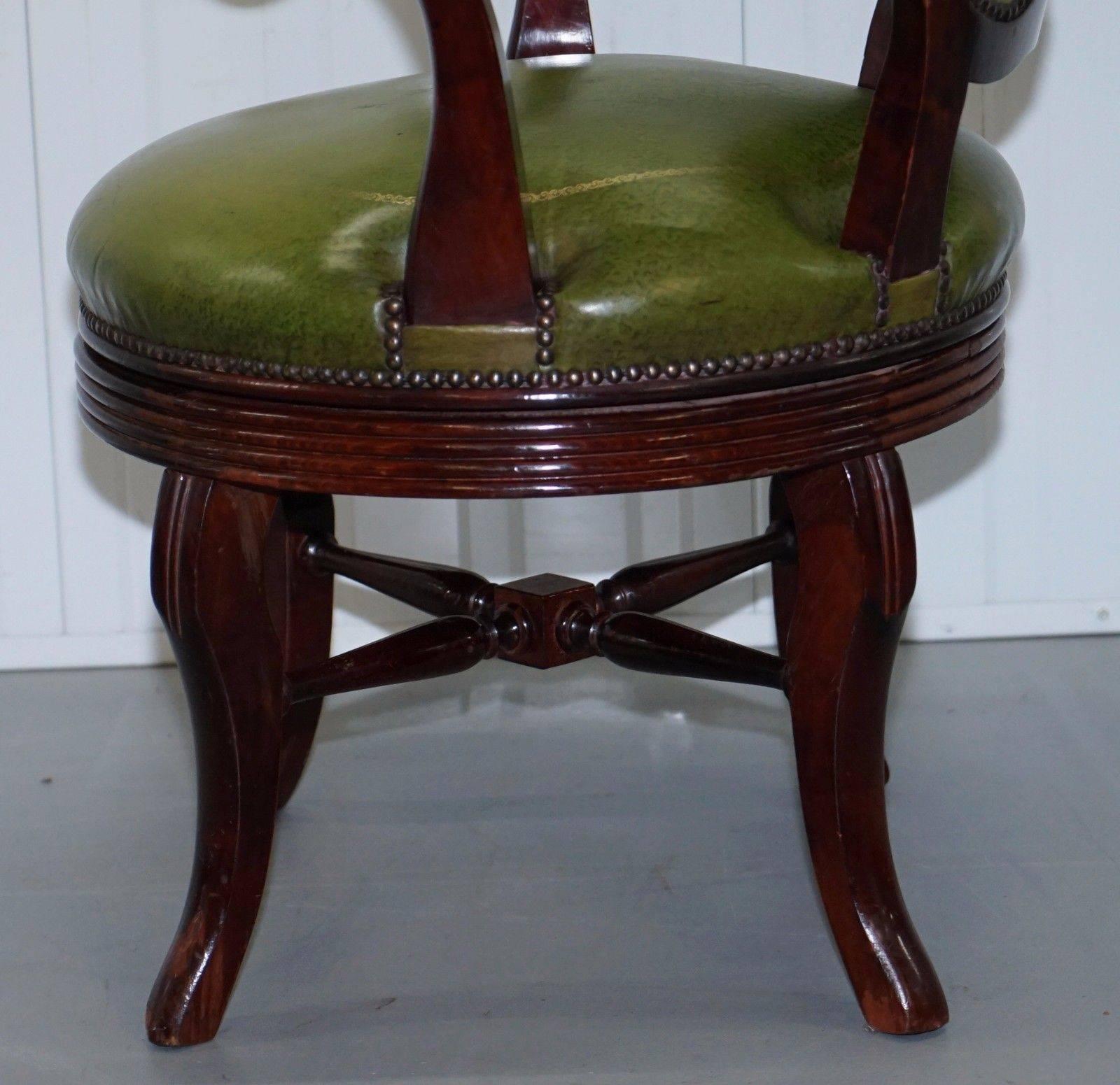 19th Century Vintage Green Leather with Gold Tooling Mahogany Captains Swivel Office Chair