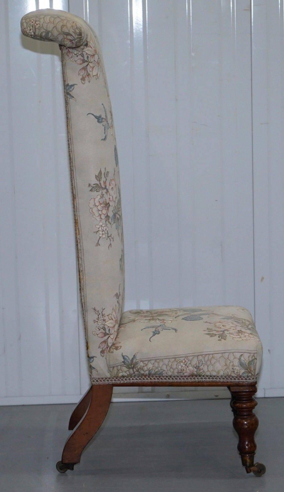 19th Century Victorian Hardwood Prayer Chair Part of Suite Silk Floral and Birds Upholstery