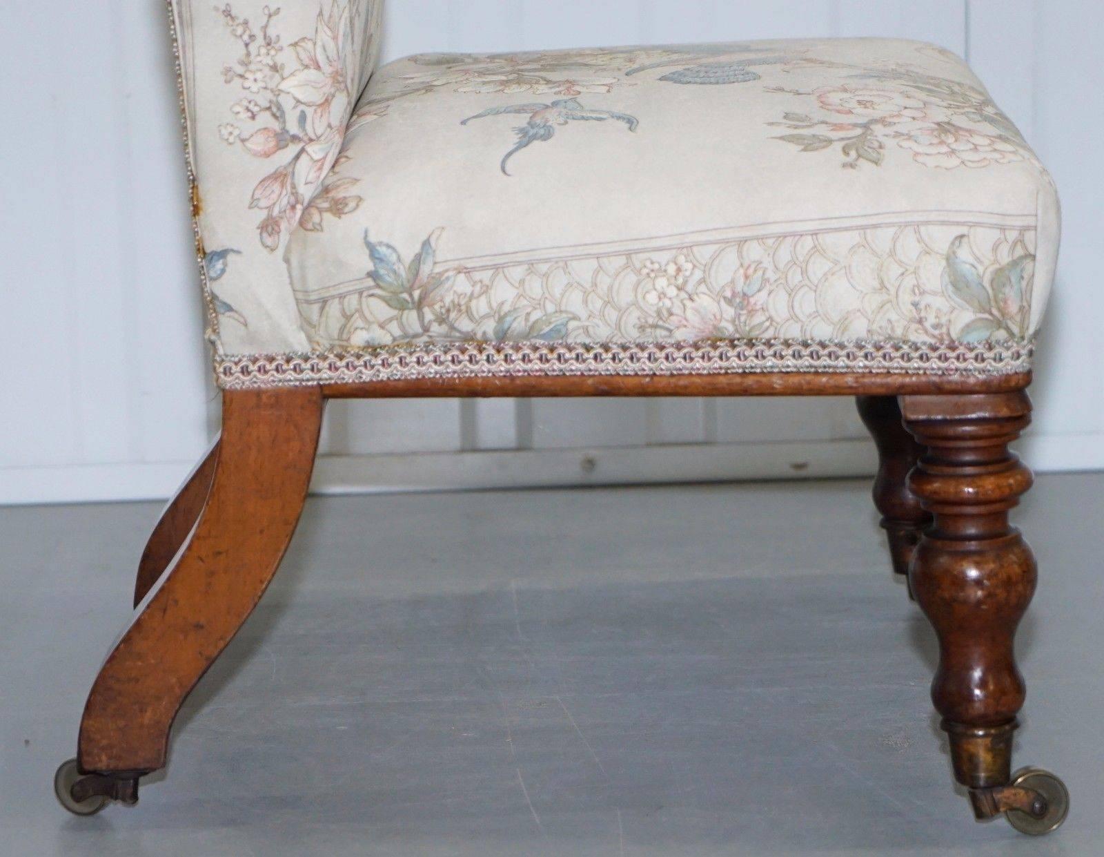 Fabric Victorian Hardwood Prayer Chair Part of Suite Silk Floral and Birds Upholstery