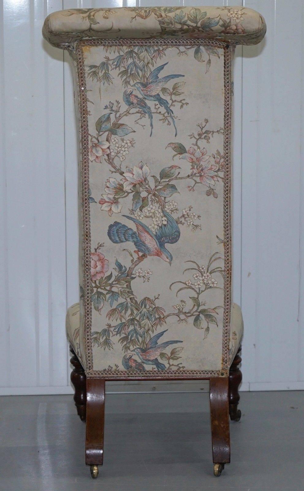 Victorian Hardwood Prayer Chair Part of Suite Silk Floral and Birds Upholstery 1