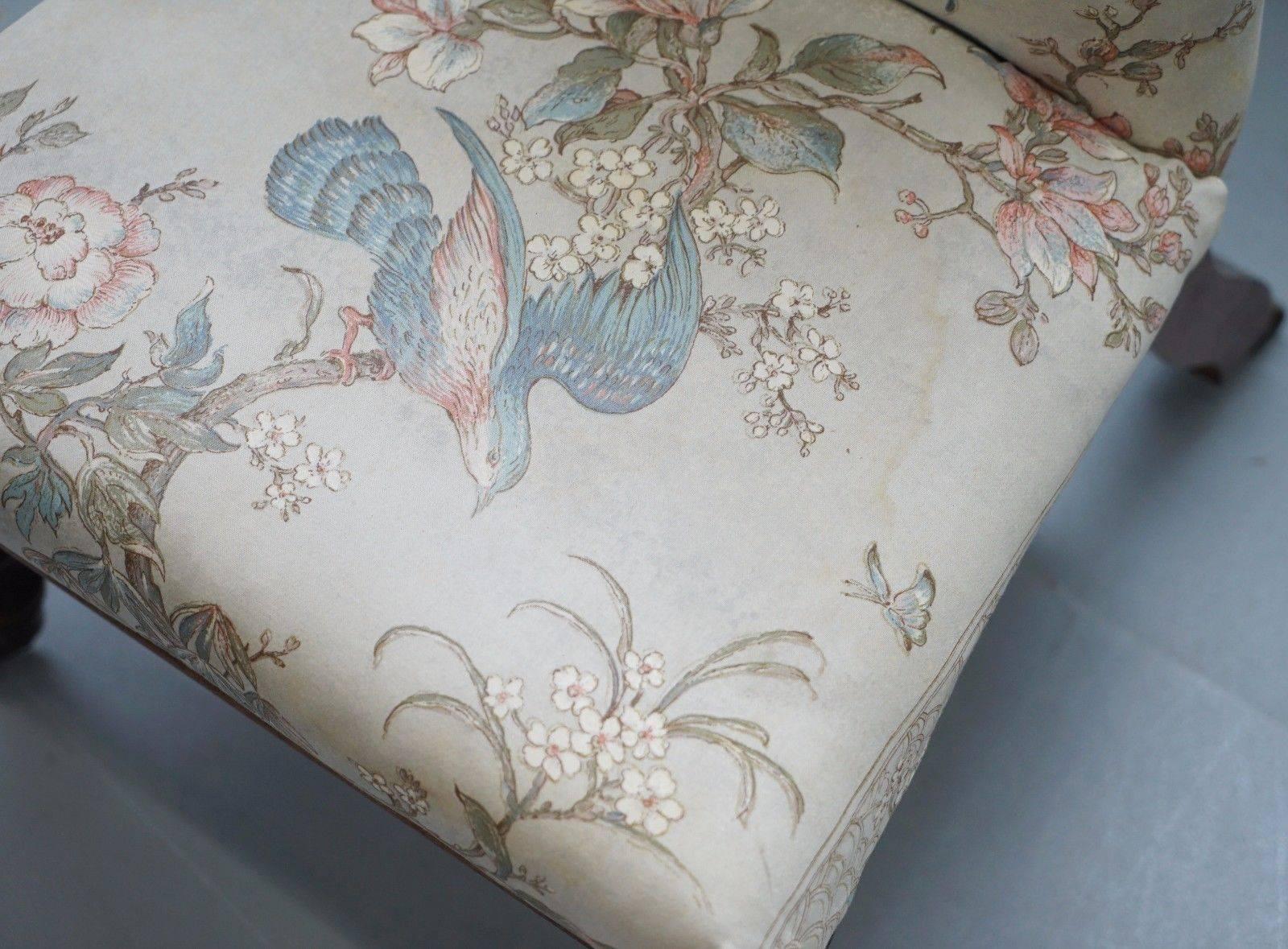 British Victorian Hardwood Prayer Chair Part of Suite Silk Floral and Birds Upholstery