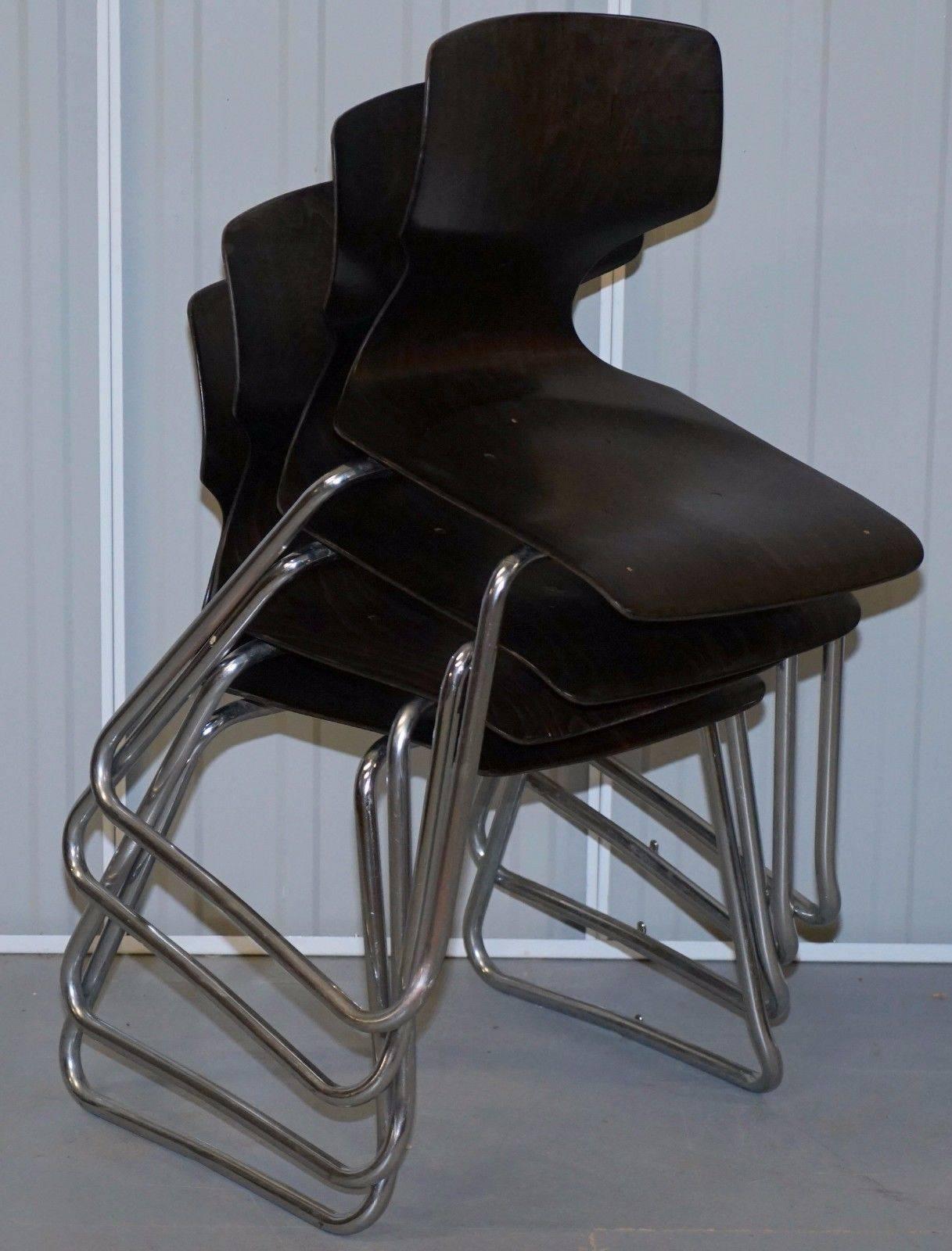 Chrome Set of Four Rare 1970 Pagholz FPF Elmar Flotto Stacking Dining Chairs