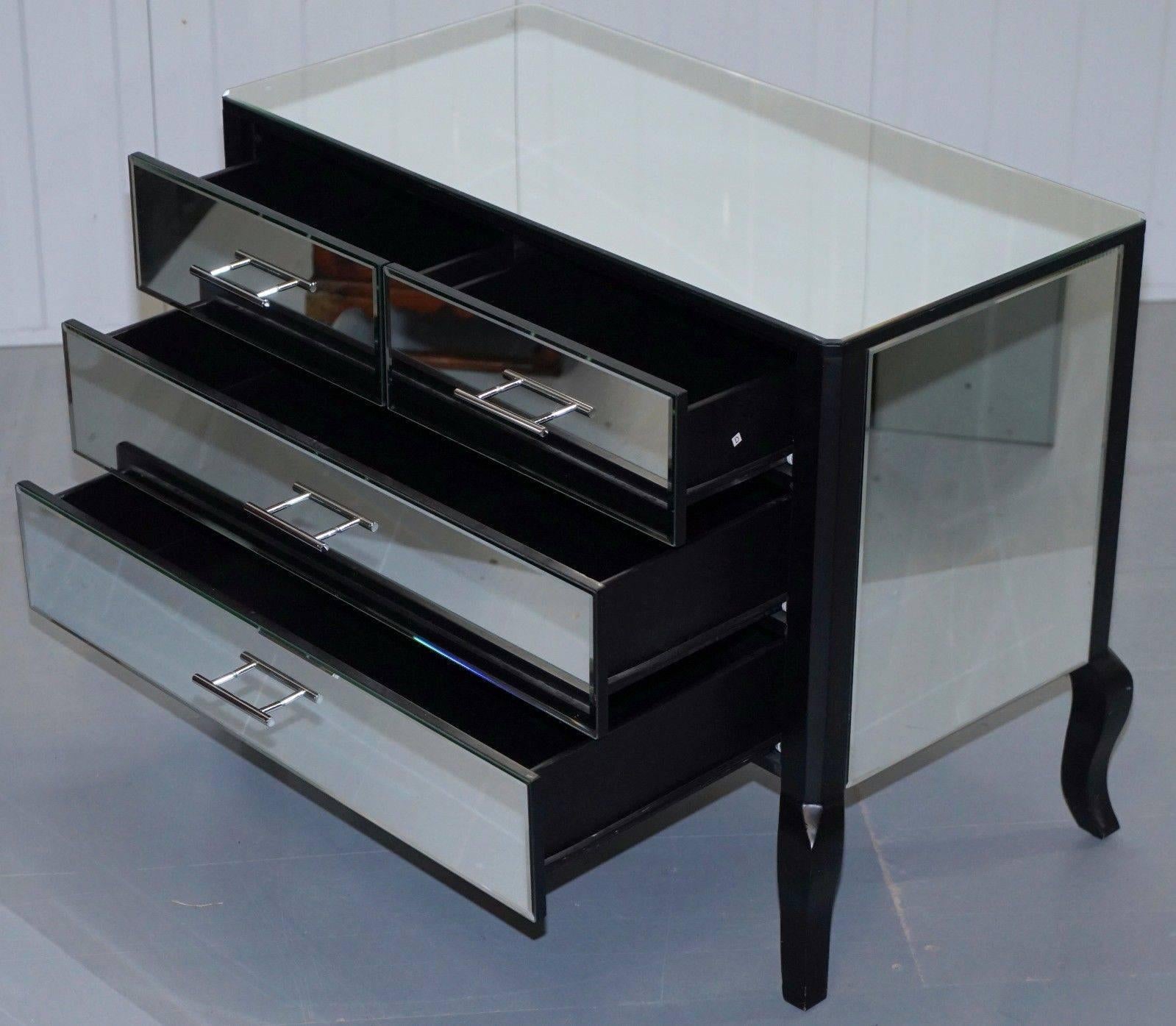 Perfect Condition Venetian Mirrored Glass Chest of Drawers Ebonized Black Frame 2