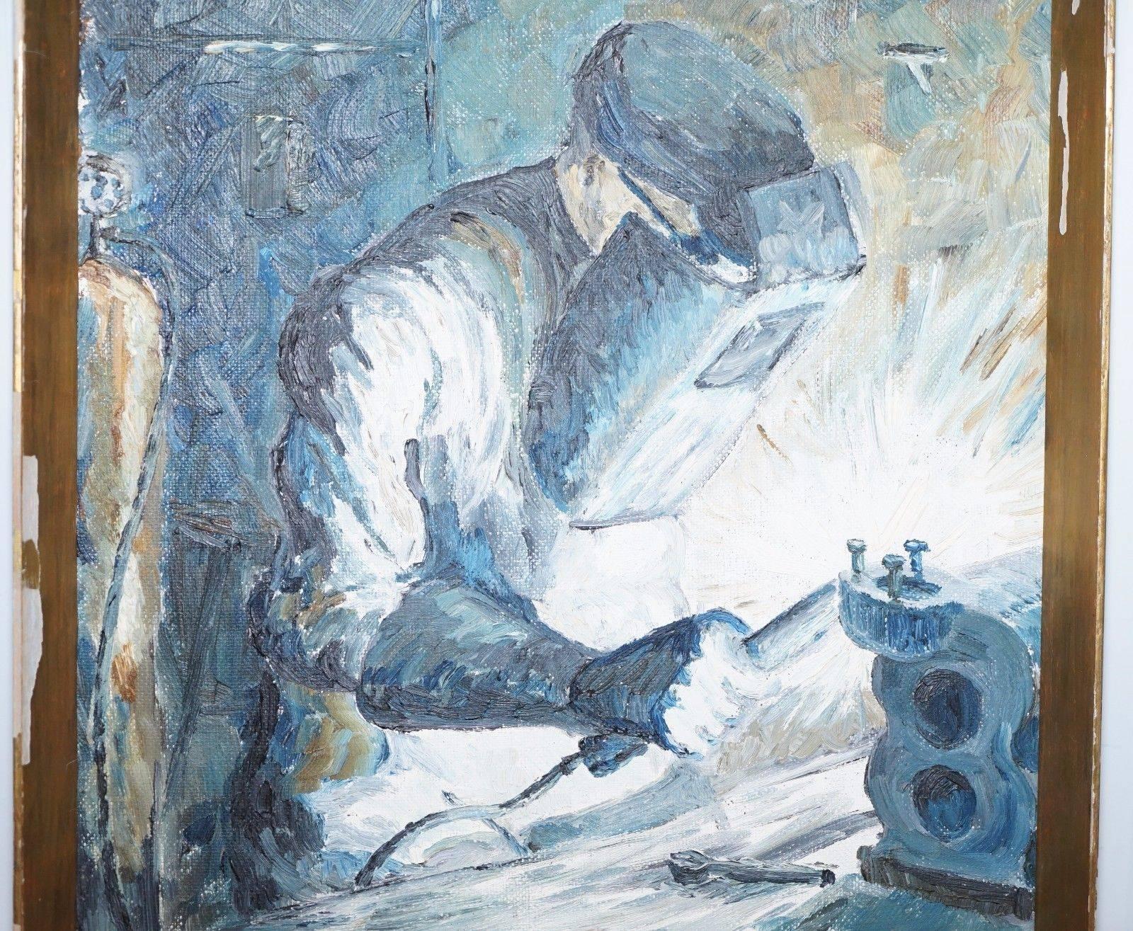 We are delighted to offer for sale this original H Stephens signed Oil painting of an industrial welder

A very much of its time, piece, there was a great movement, I forgot the name of it but it was all about painting the working normal people in