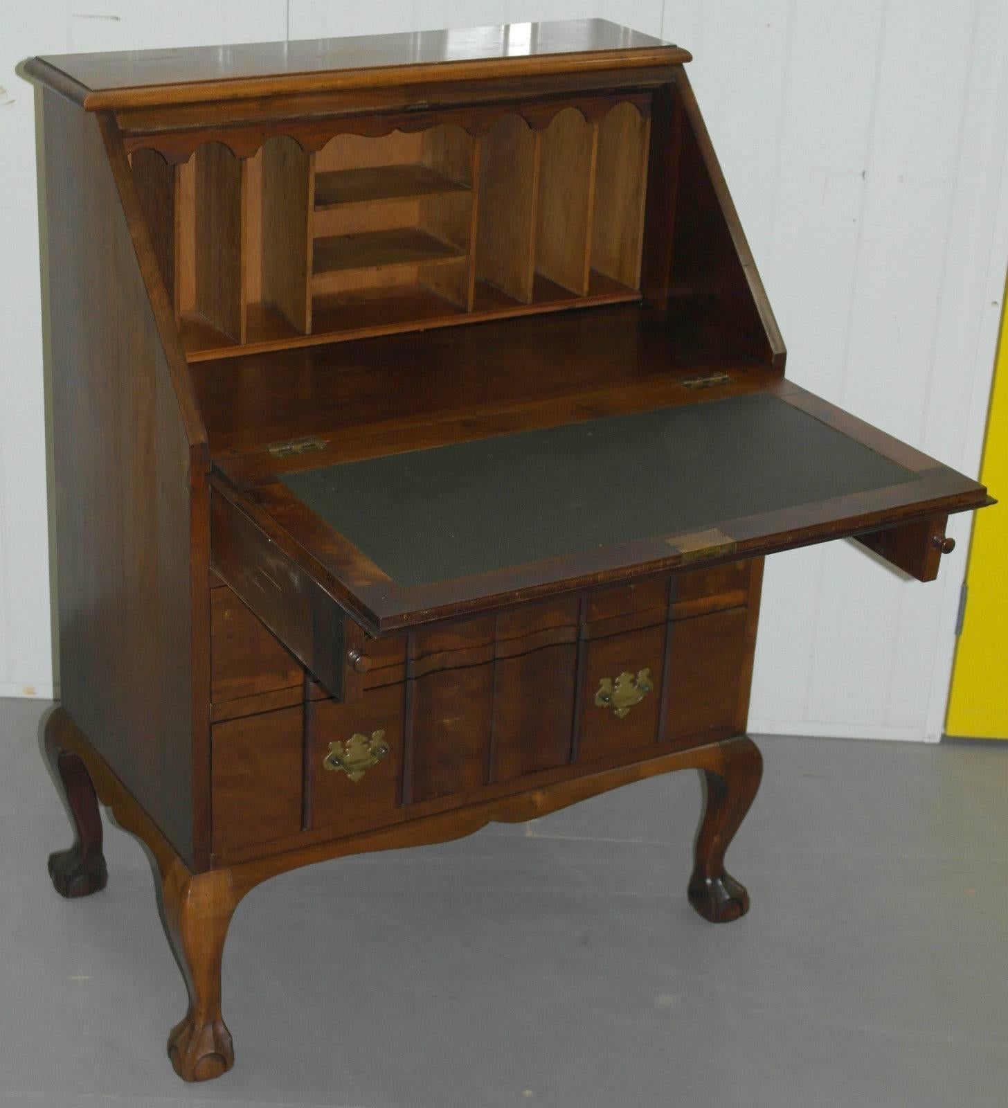 British Lovely 1950s Serpentine Fronted Mahogany Chippendale Writing Bureau Claw & Ball