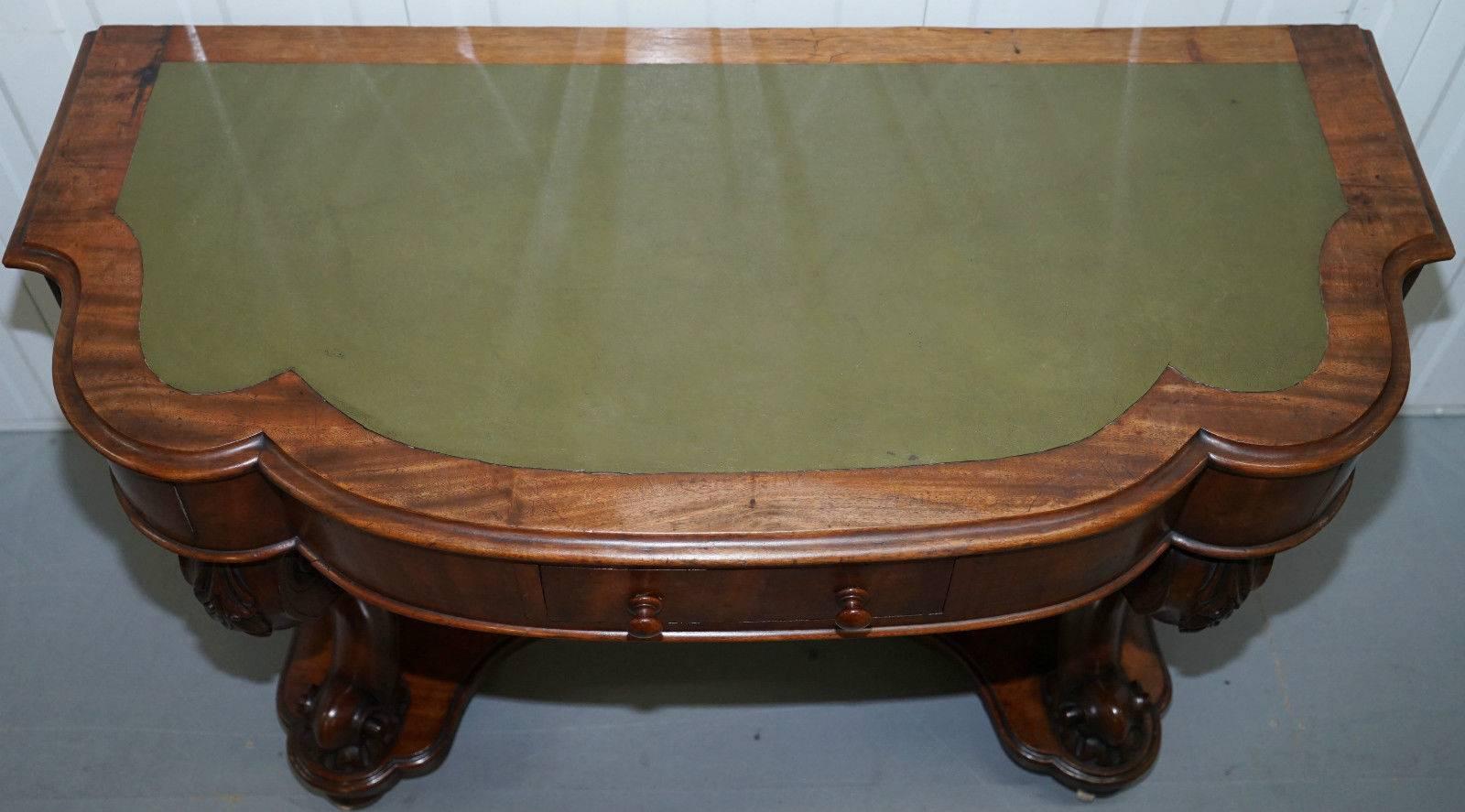 Leather Stunning Hand-Carved Mahogany Victorian Scroll Leg Console Table Writing Desk