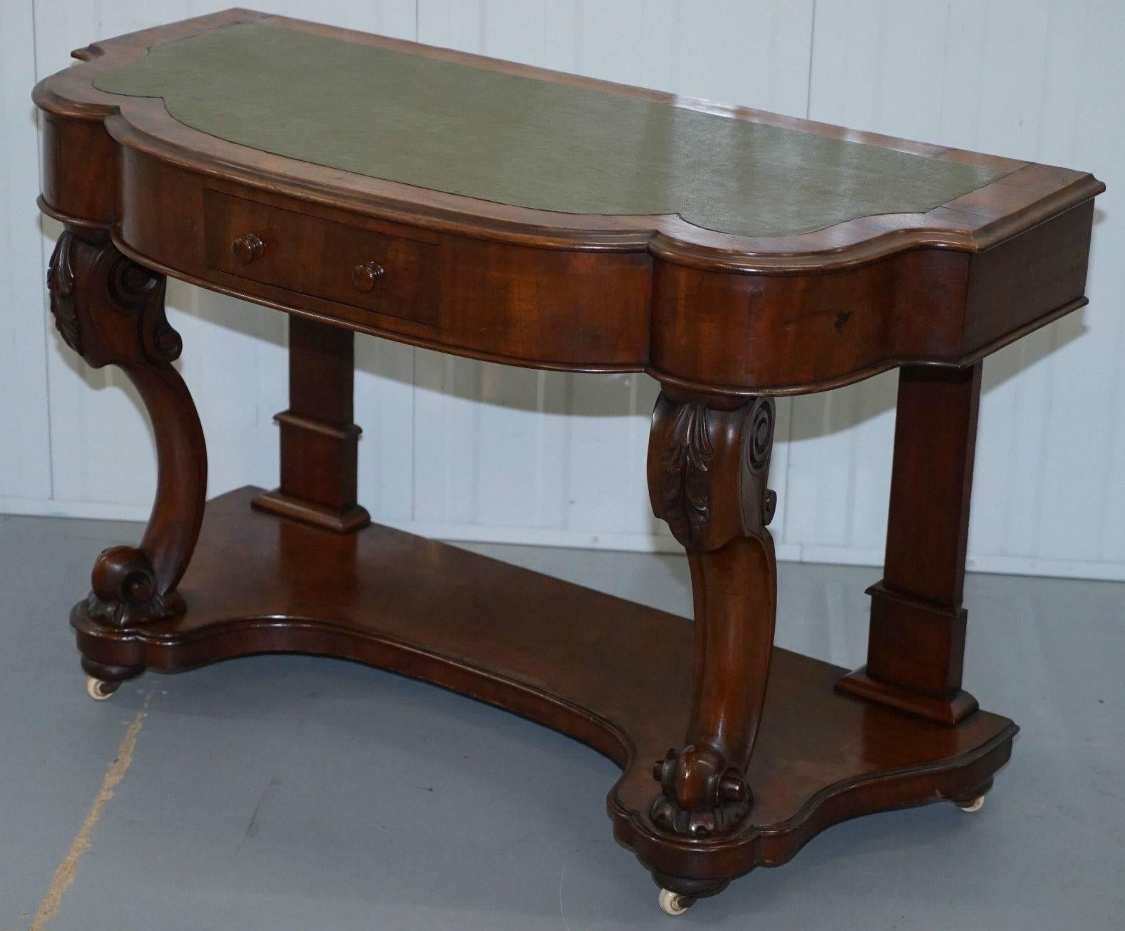 British Stunning Hand-Carved Mahogany Victorian Scroll Leg Console Table Writing Desk