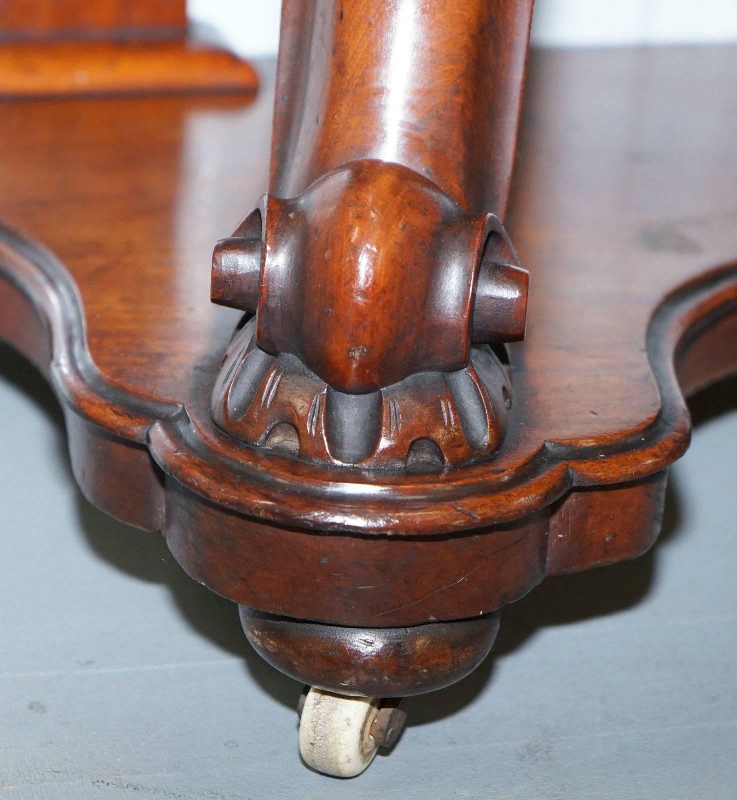 19th Century Stunning Hand-Carved Mahogany Victorian Scroll Leg Console Table Writing Desk