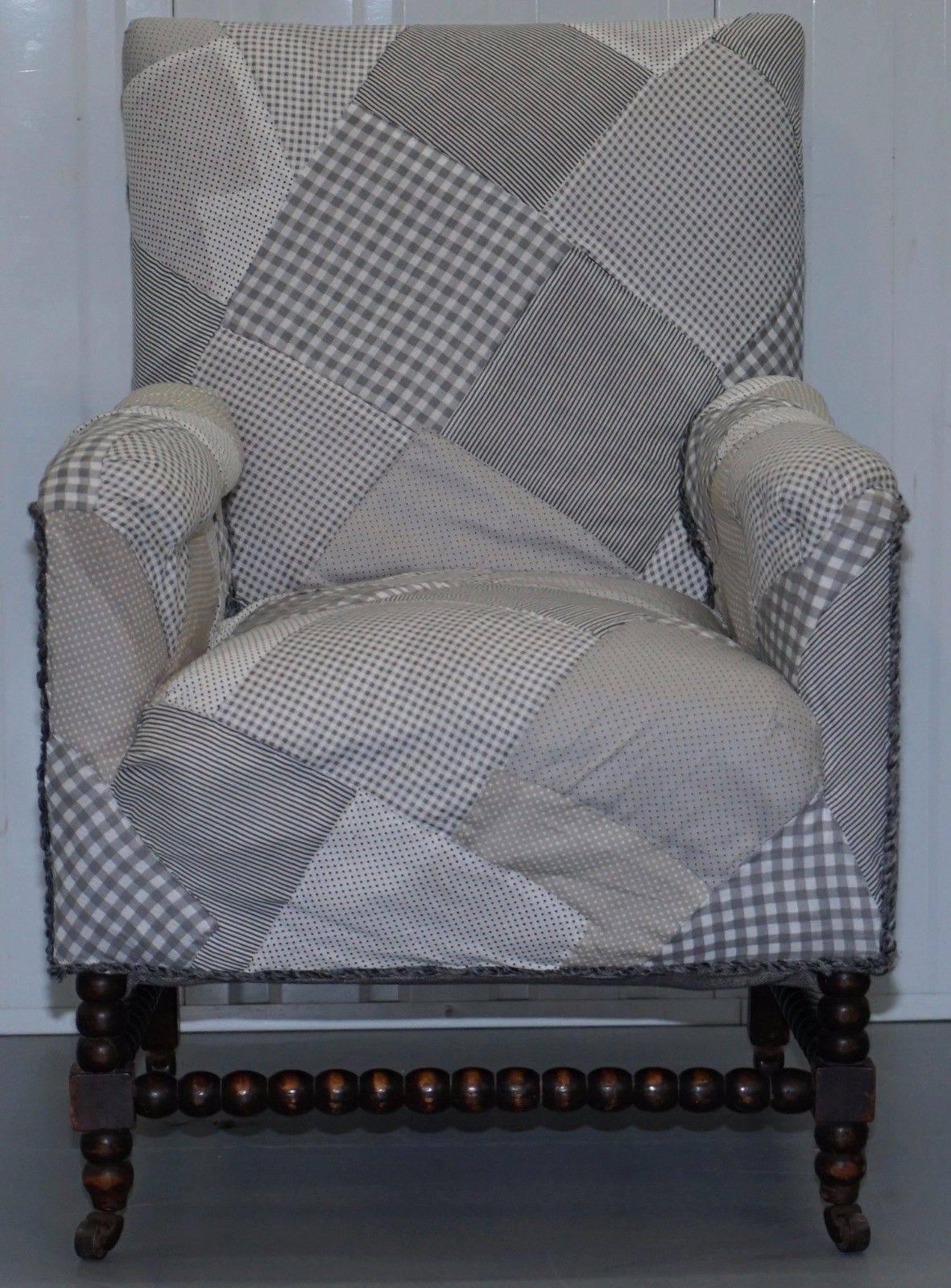 British Pair of Victorian Country House Club Armchairs Patchwork Upholstered Bobbin Turn