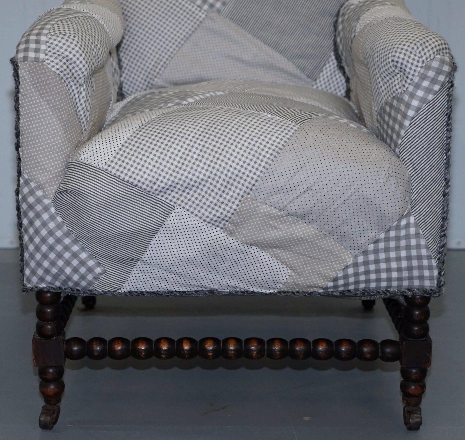 Hand-Carved Pair of Victorian Country House Club Armchairs Patchwork Upholstered Bobbin Turn