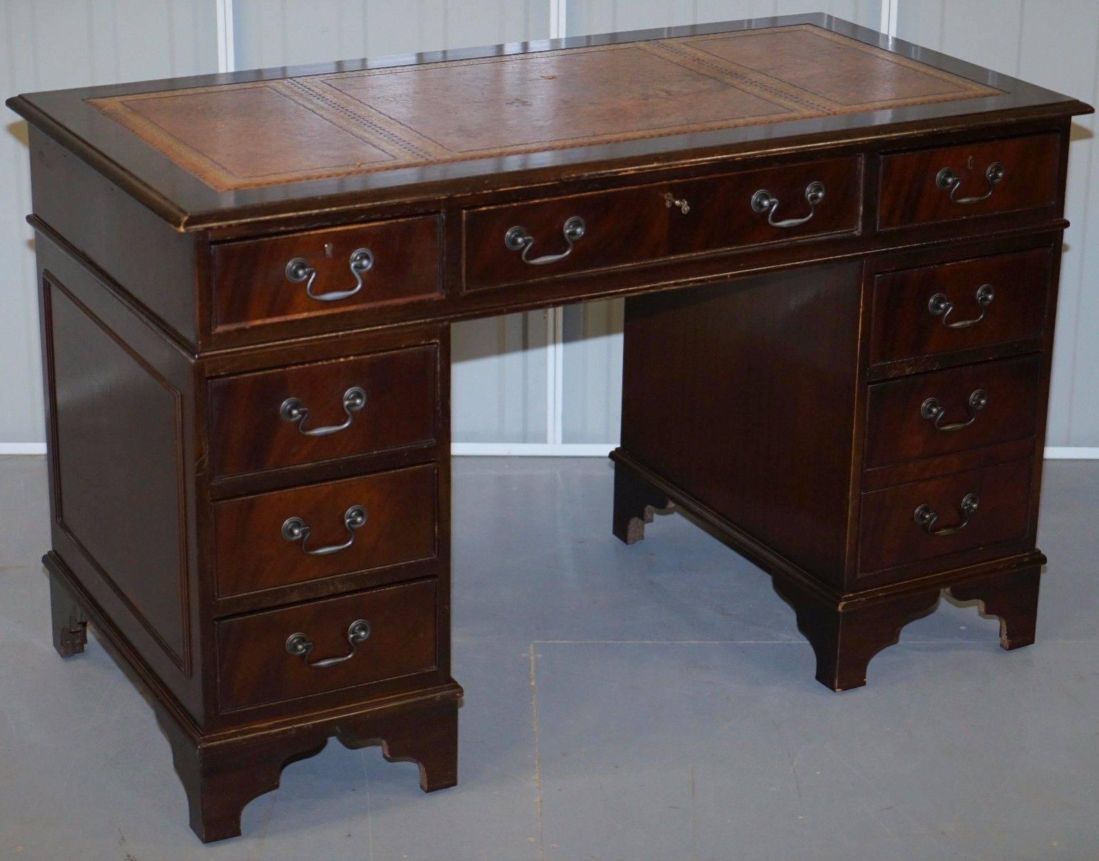 Victorian Premium Twin Pedestal Mahogany Partner Desk Leather Writing Surface Medium Brown
