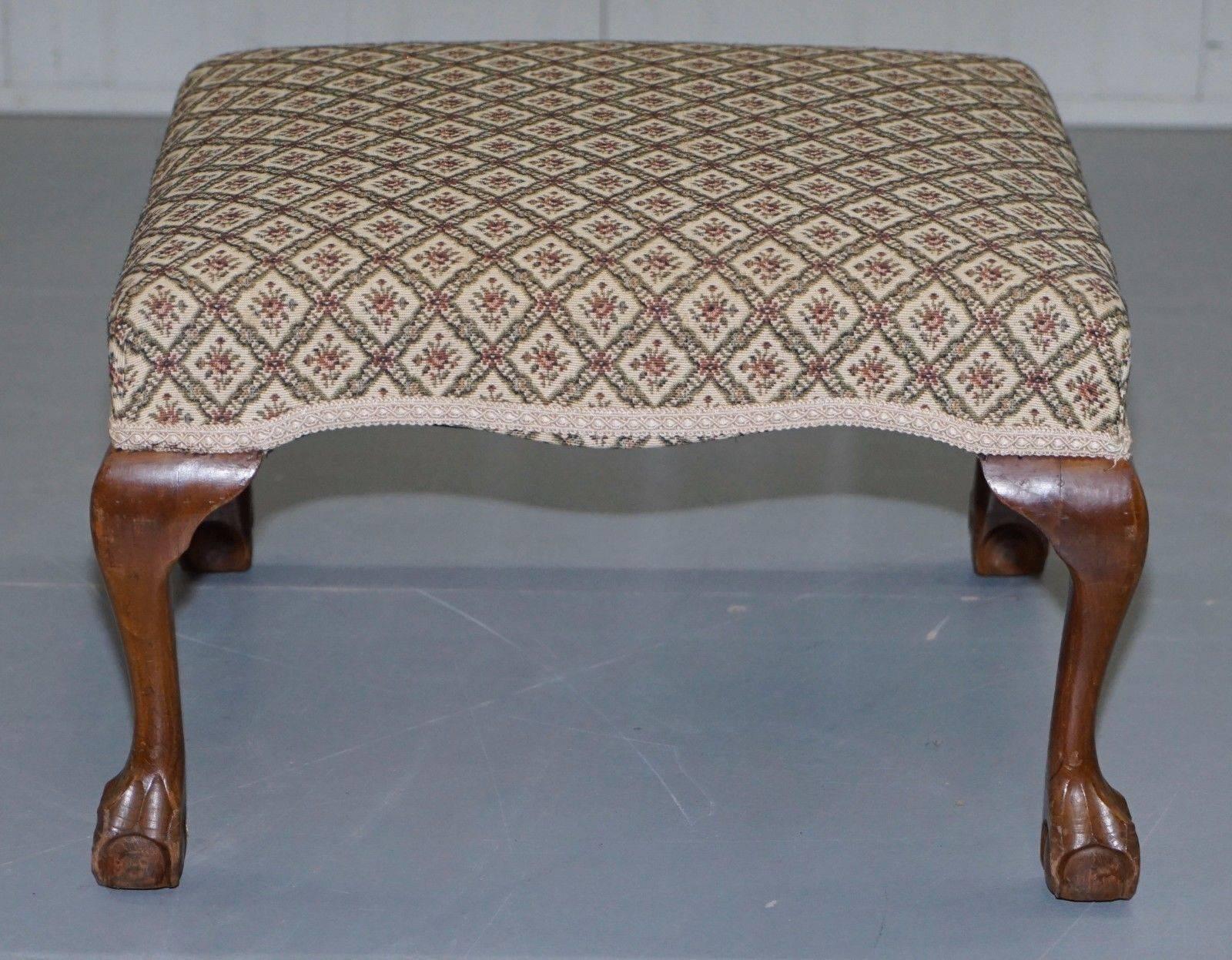 British Large Walnut Framed Victorian Footstool with Cabriole Claw and Ball Legs Feet