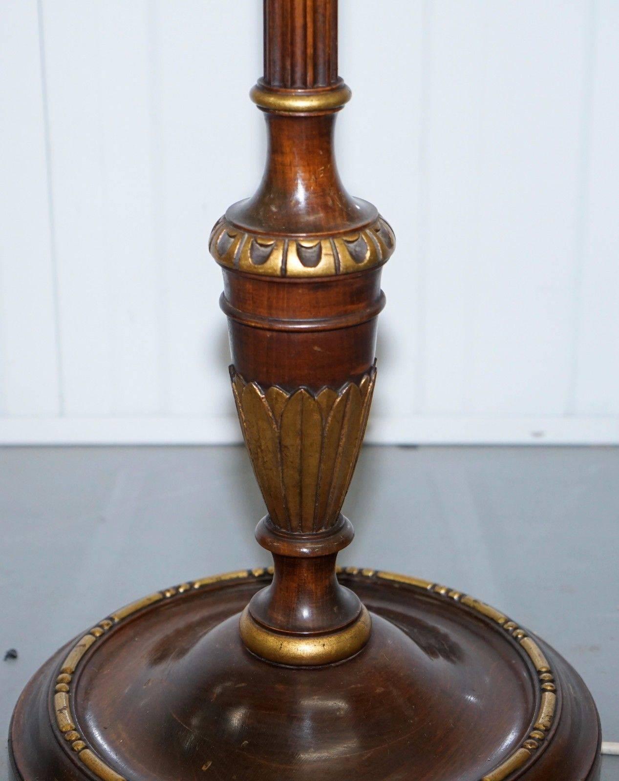Hand-Carved French Mahogany Grand Empire Style Corinthian Pillar Lamp Gold Leaf Painted