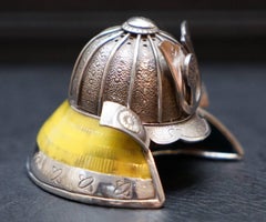 Rare circa 1910 Japanese Samurai Helmet Solid Silver and Enamel Salt/Pepper Pot