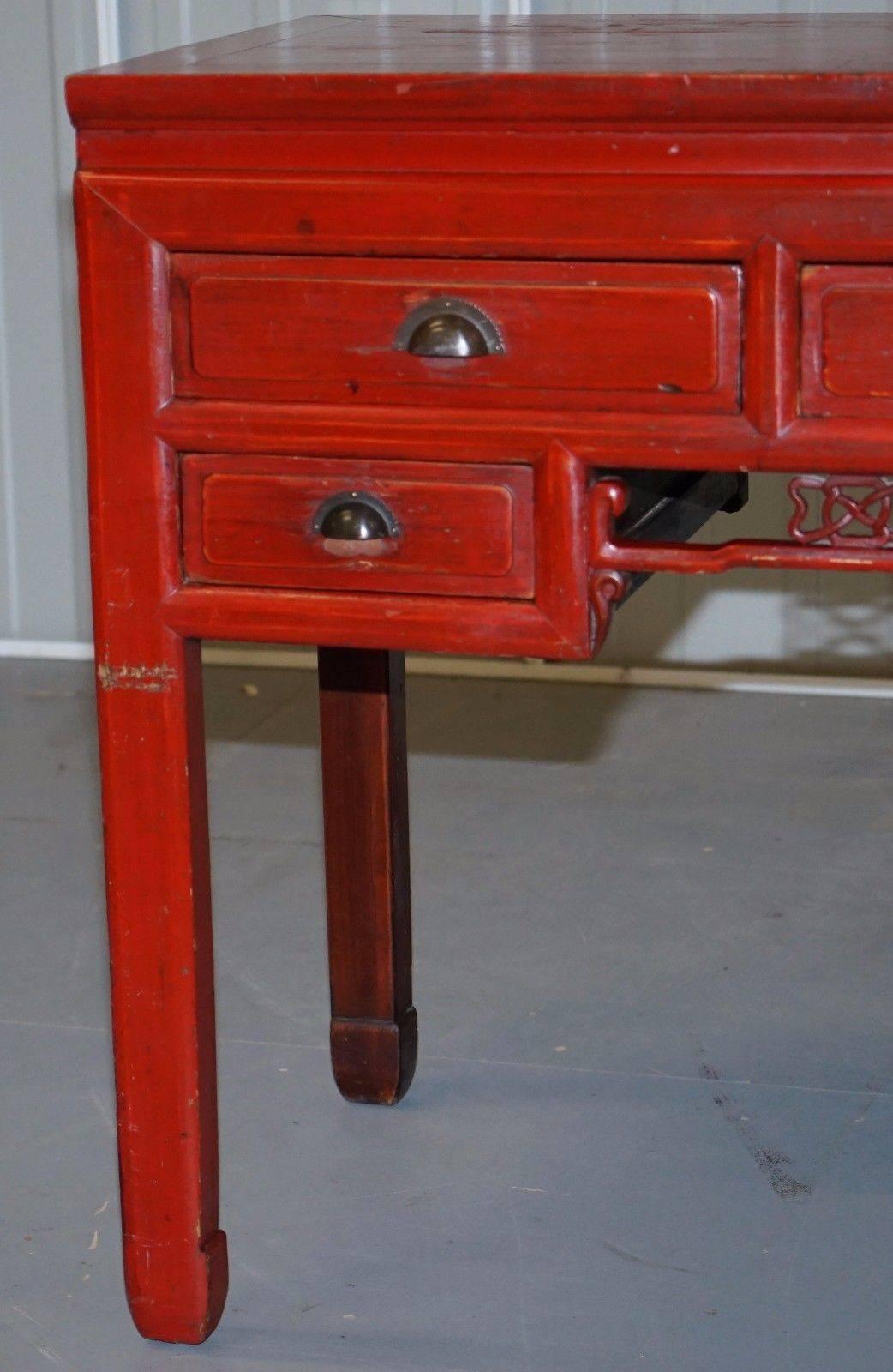 20th Century Chinese Red Rosewood Lacquered Solid Teak Desk Good for a Dressing Table as Well