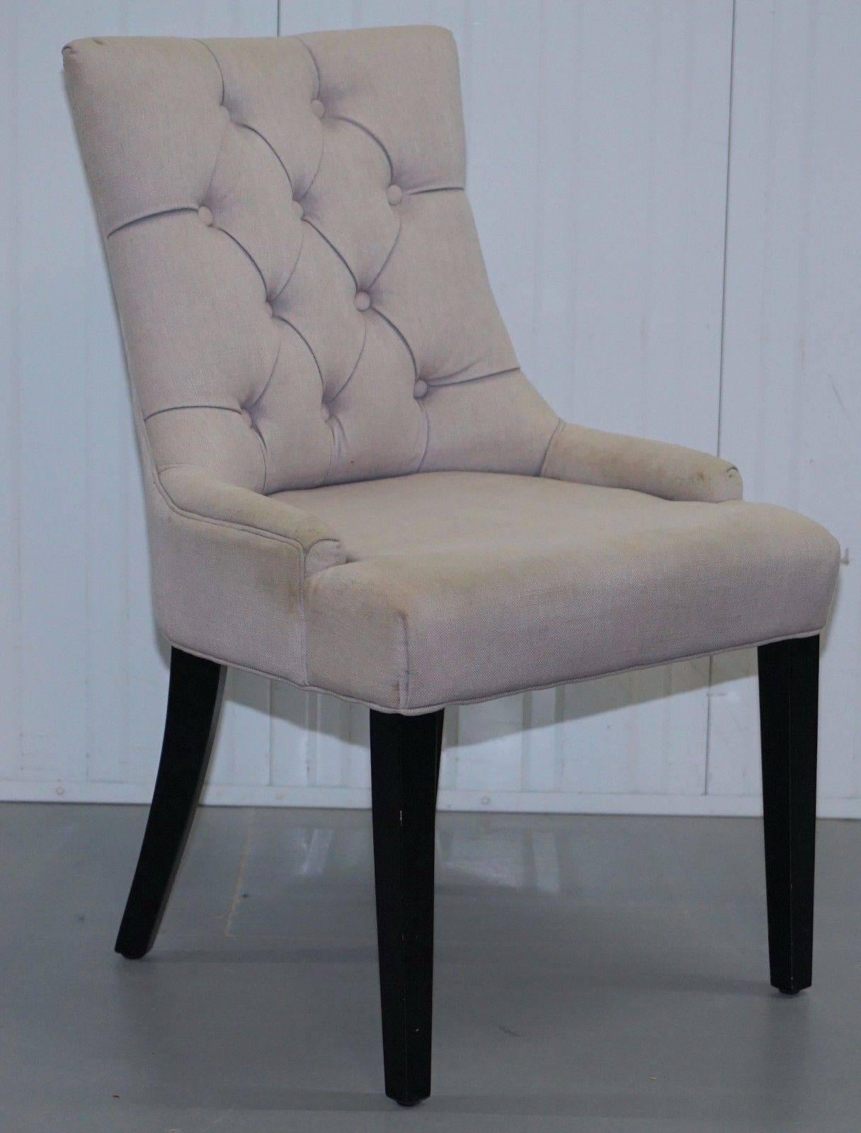Hand-Crafted Set of Four Dining Chairs, Grey Fabric Chesterfield