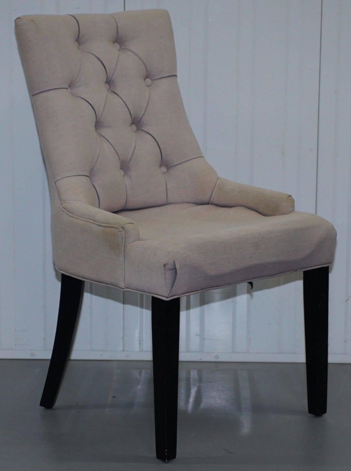 Contemporary Set of Four Dining Chairs, Grey Fabric Chesterfield