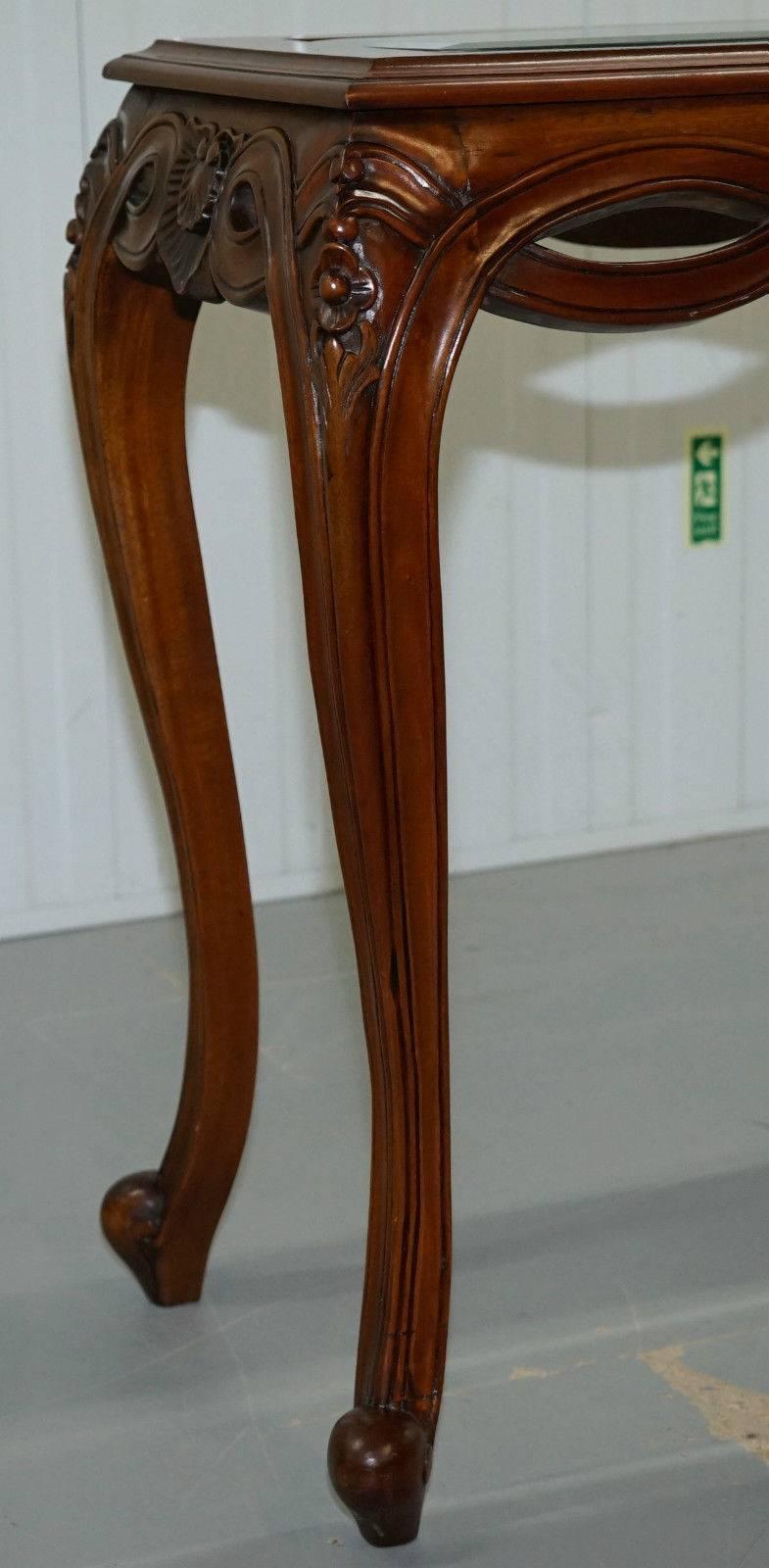 Hand-Carved Stunning Long Elegant Cabriole Legged Console Mahogany Table Beveled Glass Top