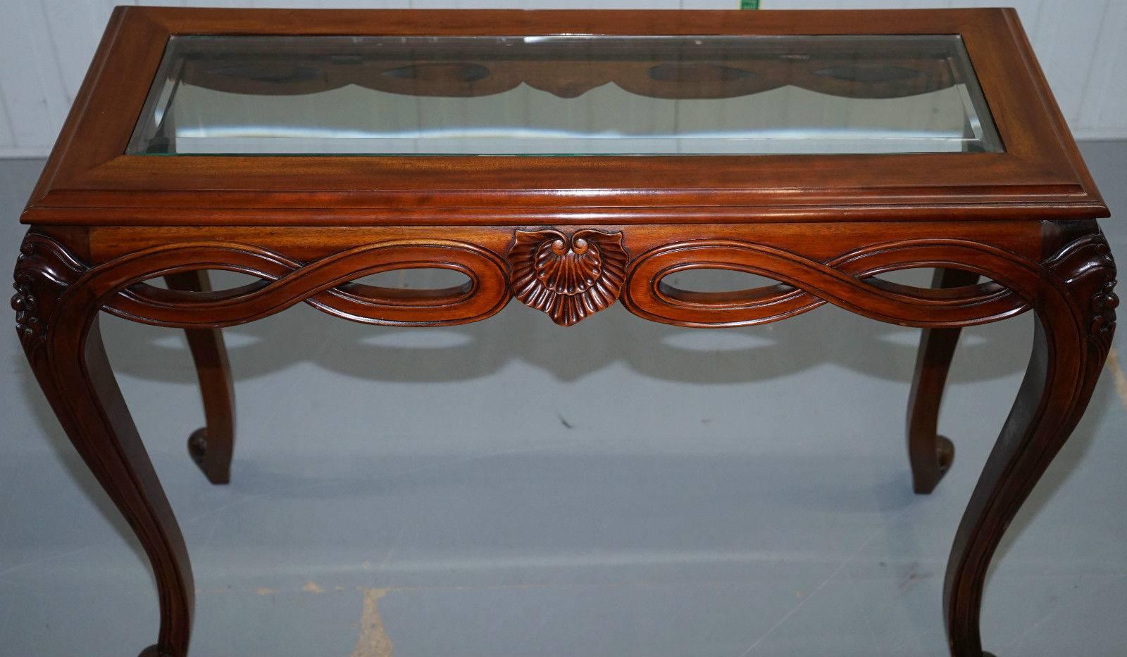 Regency Stunning Long Elegant Cabriole Legged Console Mahogany Table Beveled Glass Top
