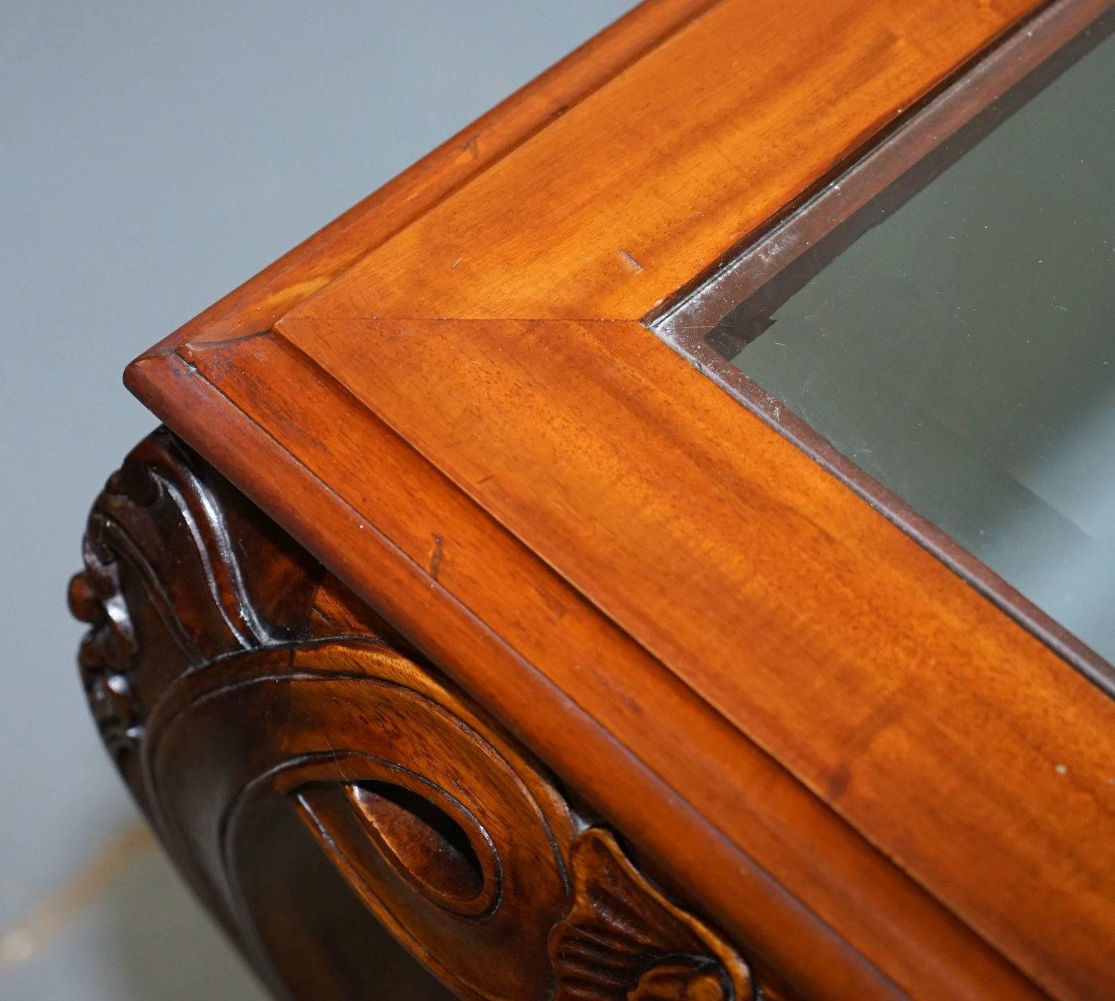 Stunning Long Elegant Cabriole Legged Console Mahogany Table Beveled Glass Top 3