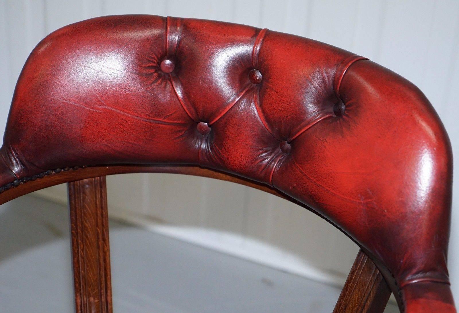 British Lovely Oxblood Leather Chesterfield Court Chair for Desks or Guests Lovely Find