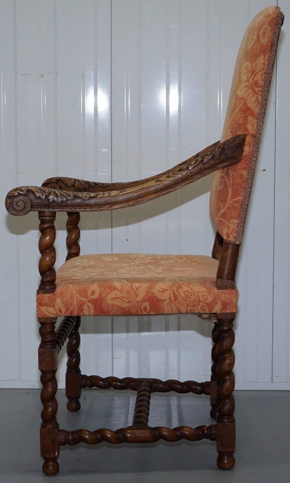 Victorian Barley Twist Carolean Throne Carver Armchair Hand-Carved Solid Oak 6