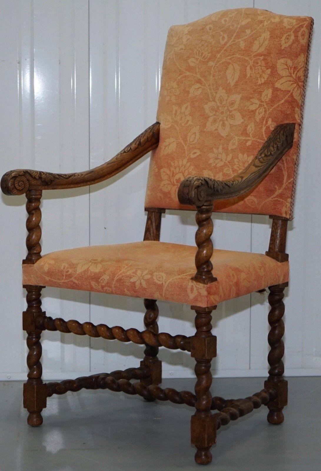 British Victorian Barley Twist Carolean Throne Carver Armchair Hand-Carved Solid Oak