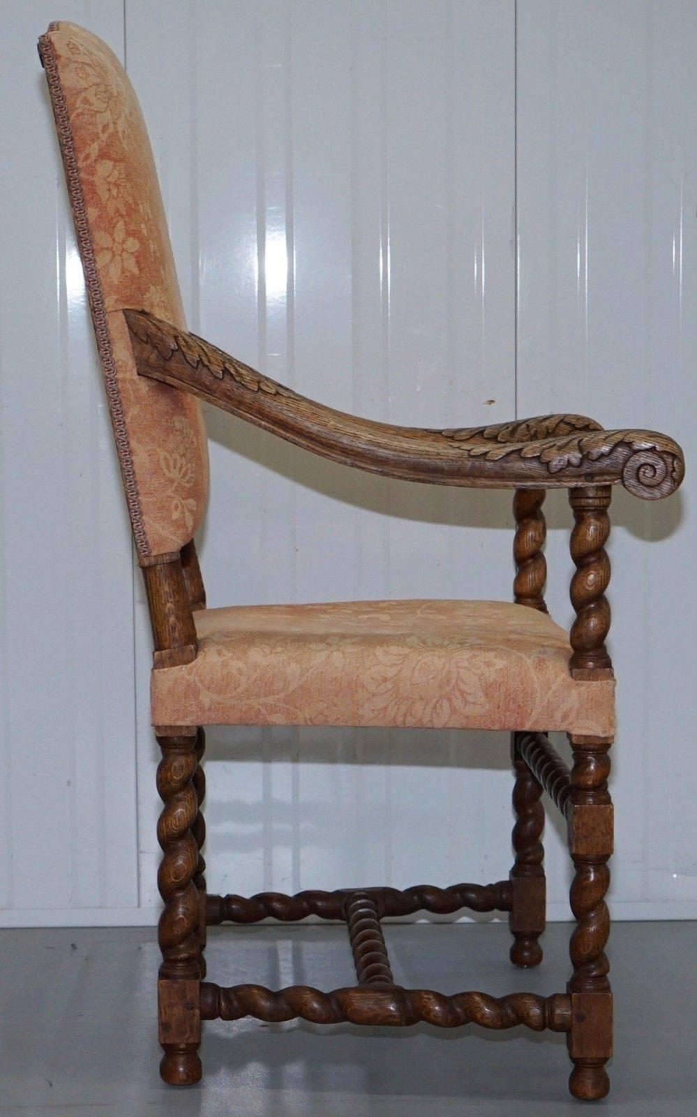 Victorian Barley Twist Carolean Throne Carver Armchair Hand-Carved Solid Oak 2