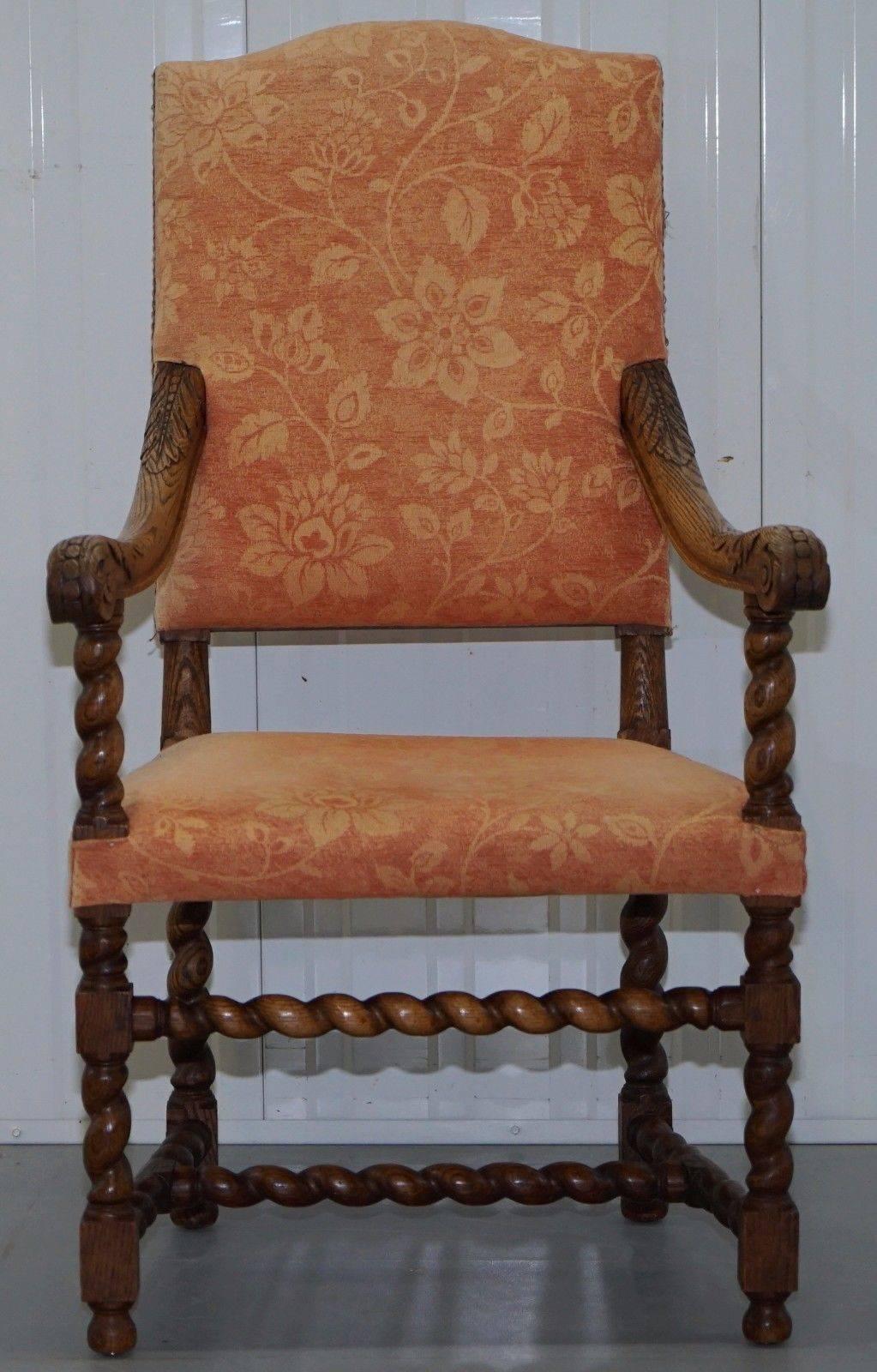 We are delighted to offer for sale this stunning original barley twist hand-carved light oak Carolean throne armchair 

This would look at home in a period medieval castle and in a city townhouse, it is stylish and charming, the condition is