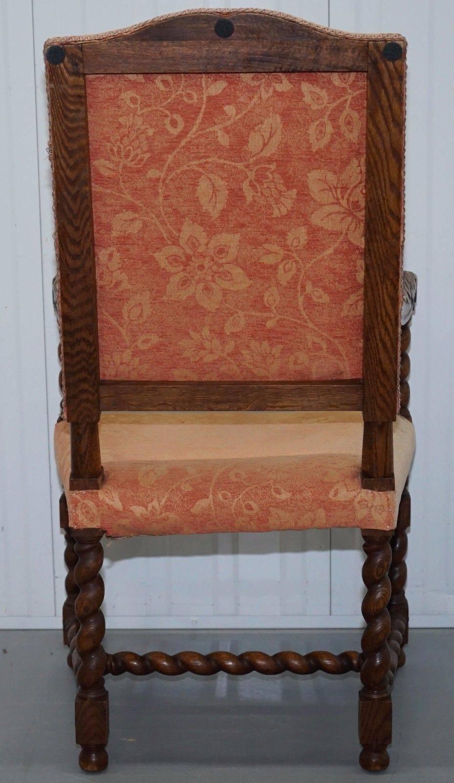 Victorian Barley Twist Carolean Throne Carver Armchair Hand-Carved Solid Oak 4