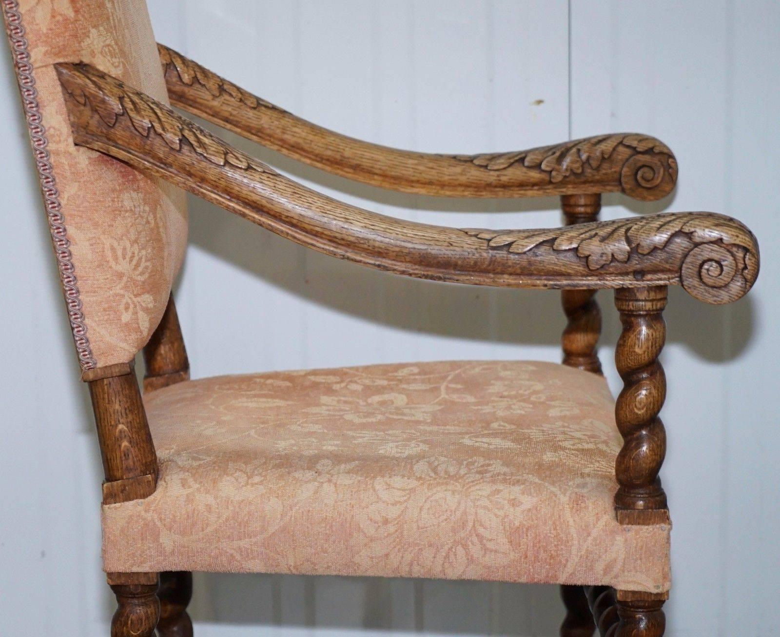 Victorian Barley Twist Carolean Throne Carver Armchair Hand-Carved Solid Oak 3