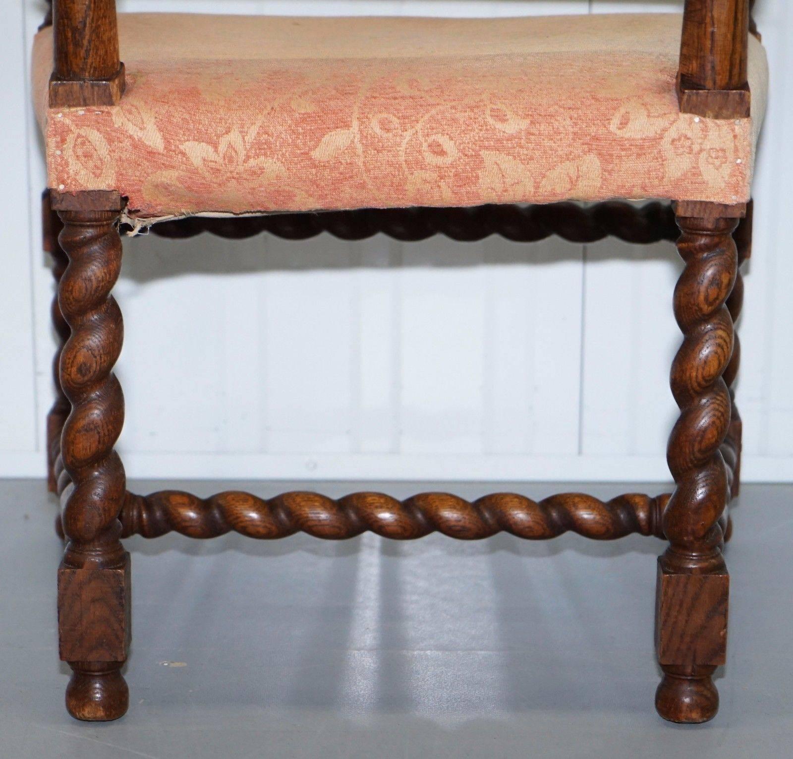 Victorian Barley Twist Carolean Throne Carver Armchair Hand-Carved Solid Oak 5
